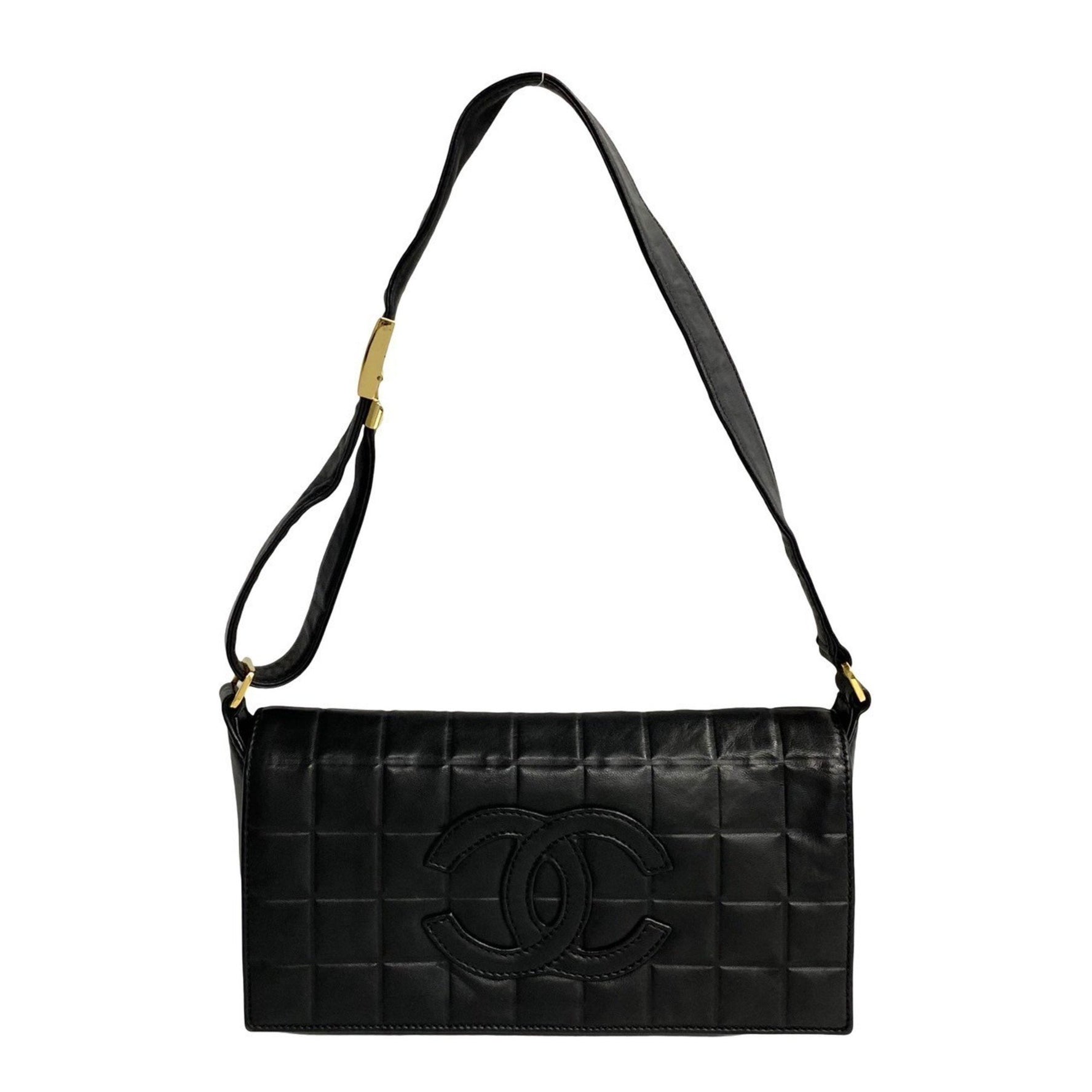 CHANEL Chocolate Bar Leather Handbag Semi One Shoulder Bag Black