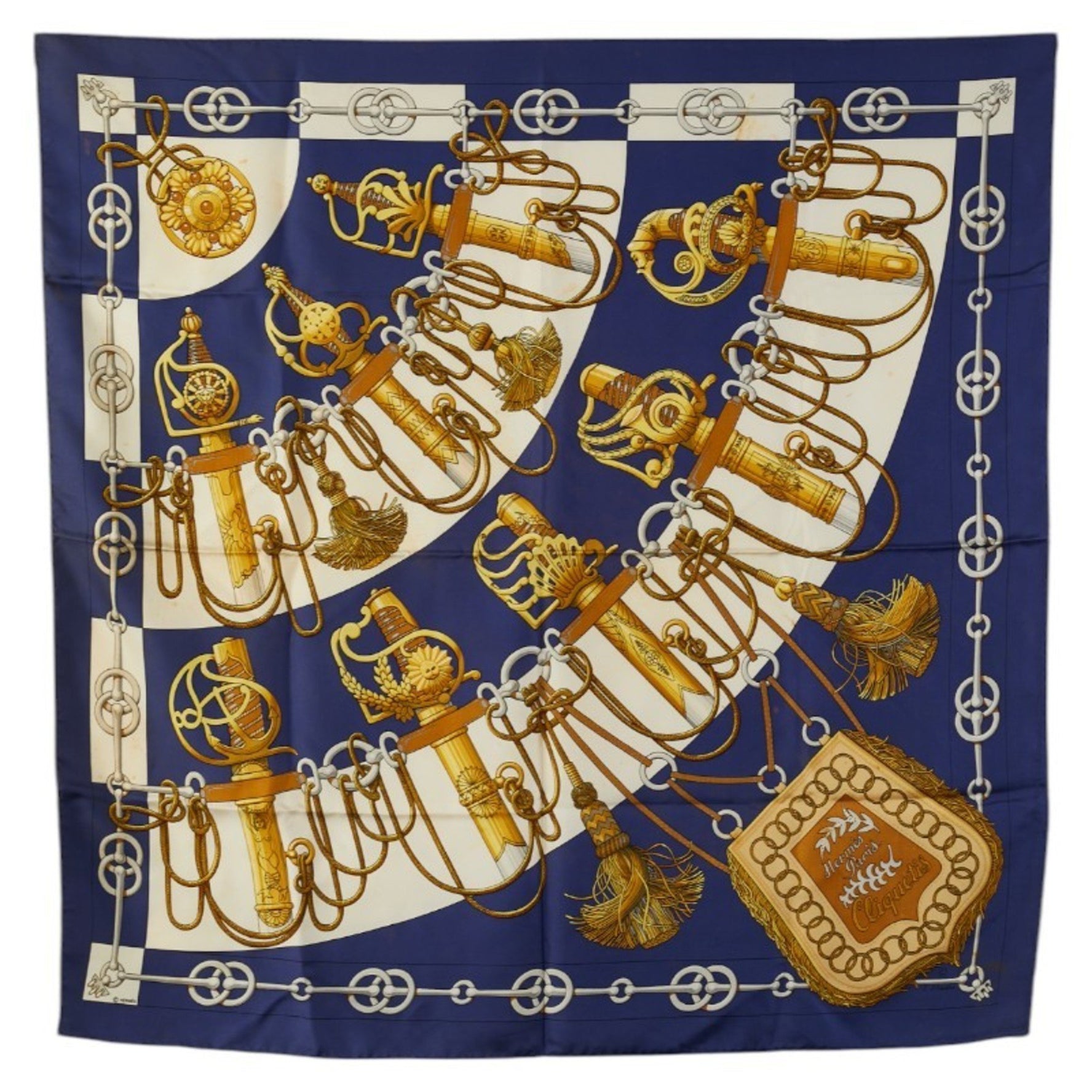Hermes Carré 90 Cliquetis Kachikachi Sword Pattern Scarf Muffler Navy Multicolor Silk