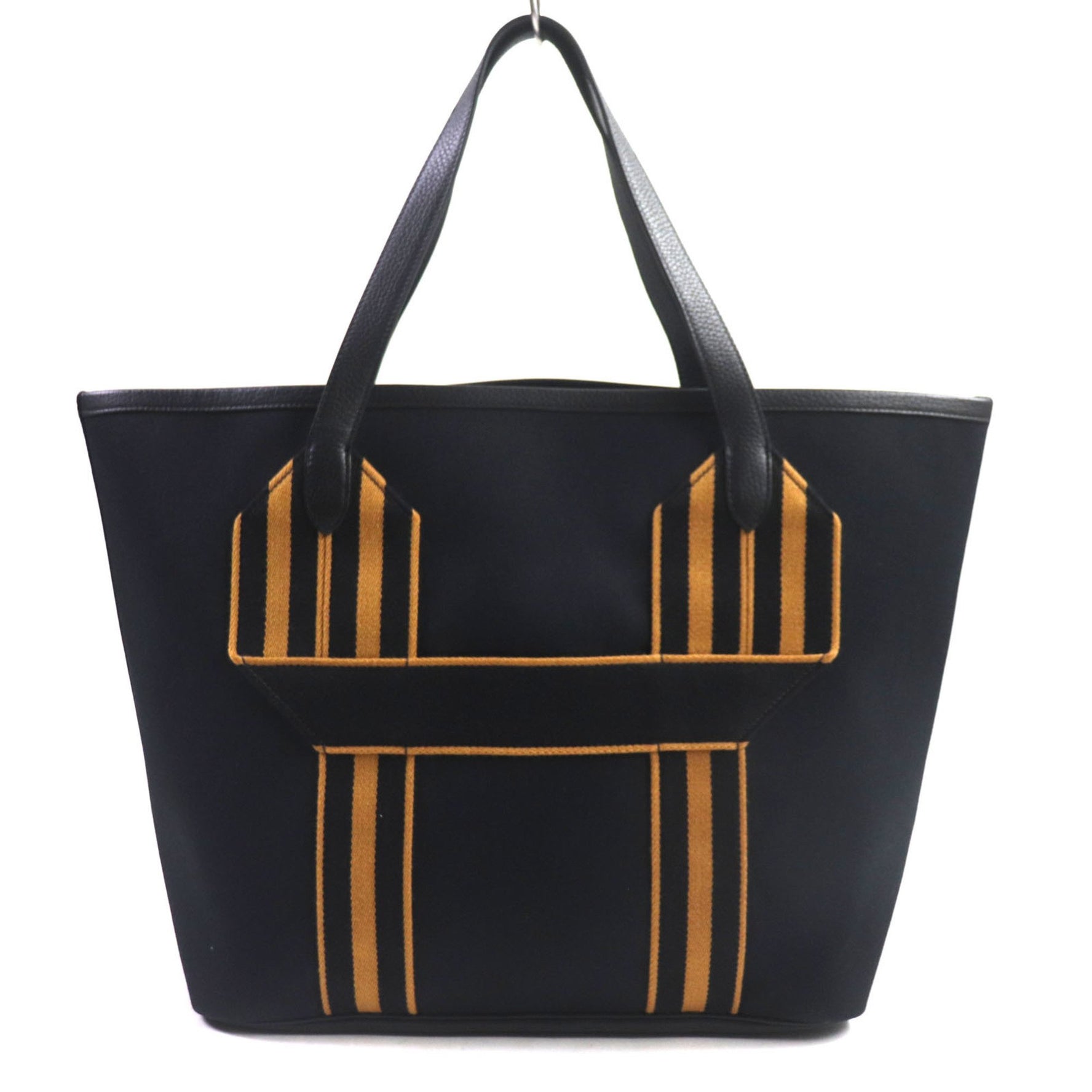 HERMES Pur Sangle Toile Militaire Taurillon Tote Bag, Black, Camel, U Stamp, Made in France