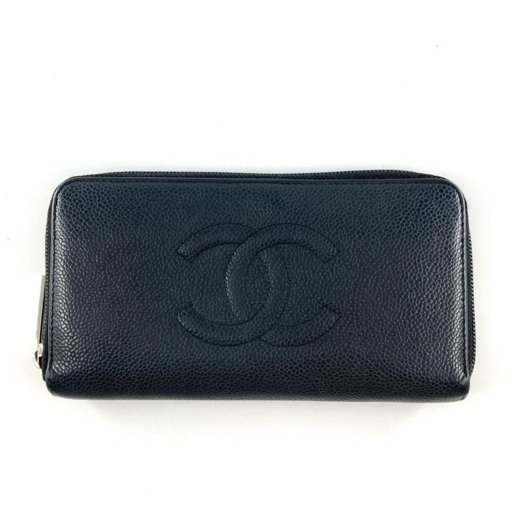 CHANEL Coco Mark Round Leather Black Caviar Skin Long Wallet