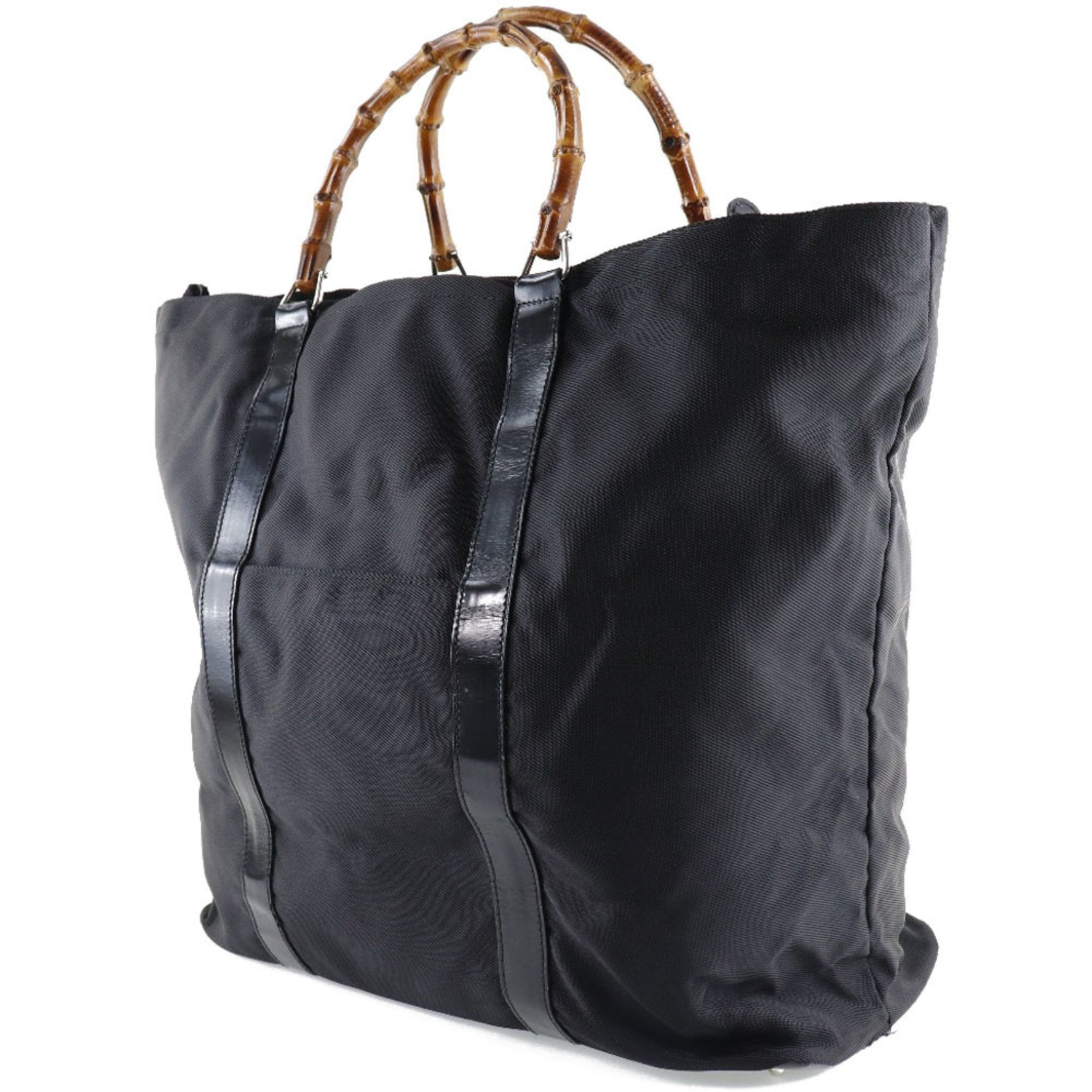GUCCI Bamboo Bag 002-2058-0412-5 Nylon Canvas x Leather Black Unisex Tote