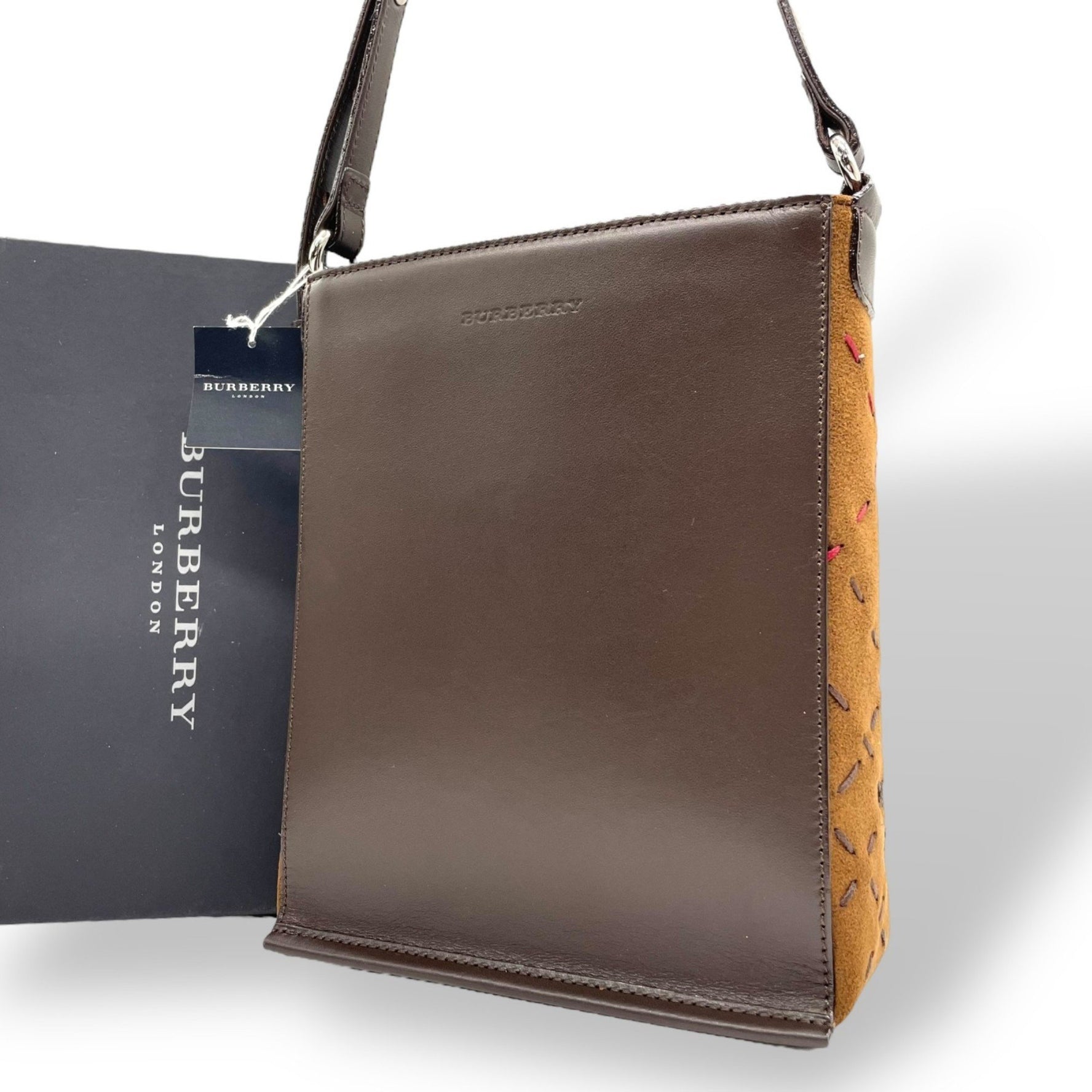 BURBERRY shoulder bag with logo stitching, leather and suede, silver hardware, crossbody or diagonal carry, sacoche, smartphone bag, size E