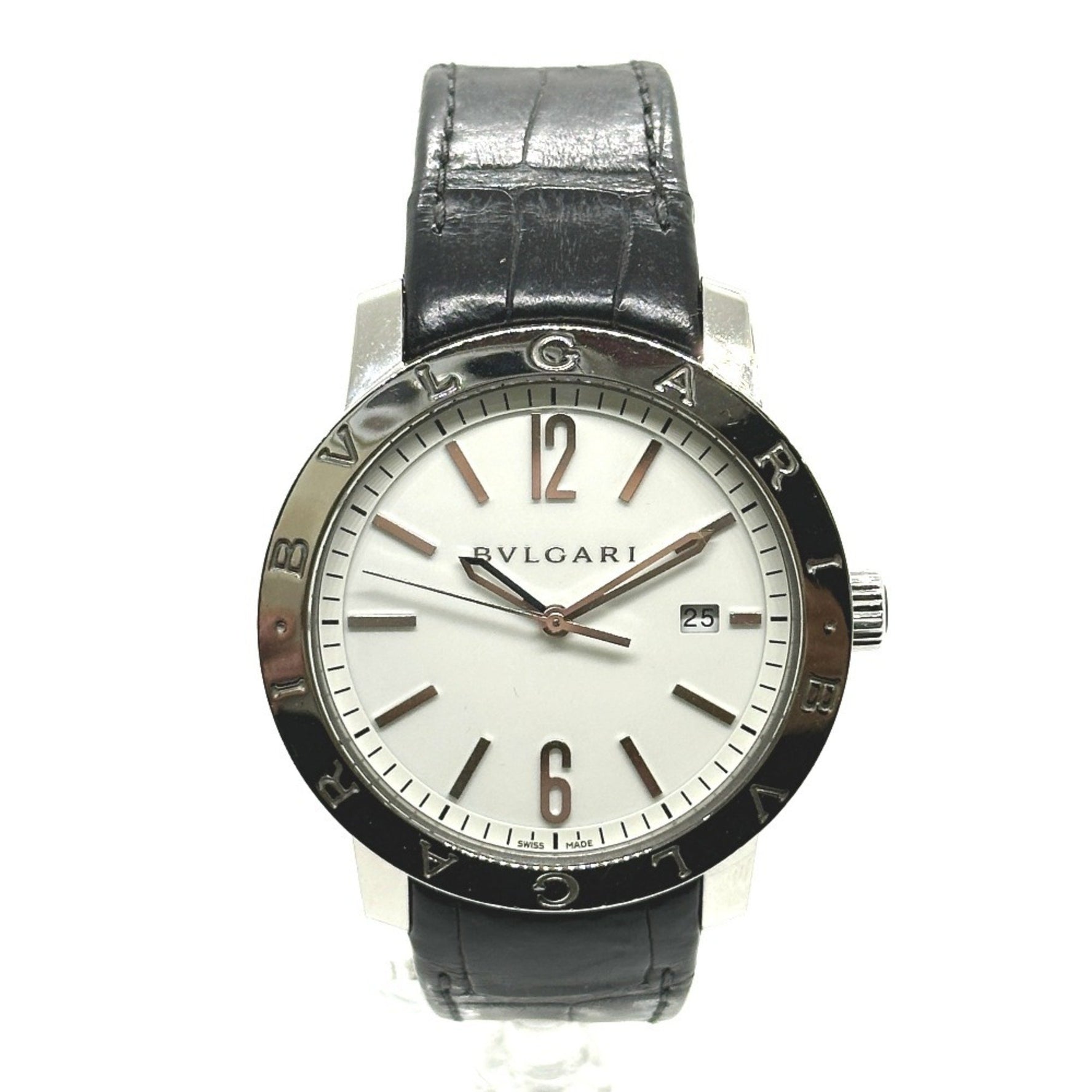 BVLGARI Bvlgari BB41WSLD Automatic Date Watch with Stainless Steel/Leather Strap, Men's, Silver