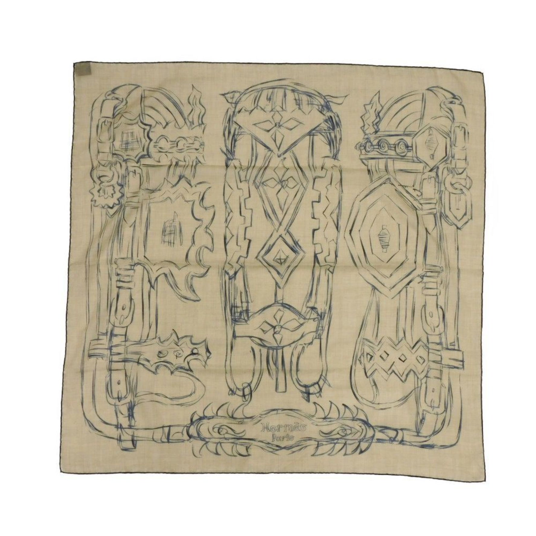 Hermes Hermès Cashmere Scarf/Muffler, 90, Bridle, Sketch, Drawing, Bride & Destin Cashmere