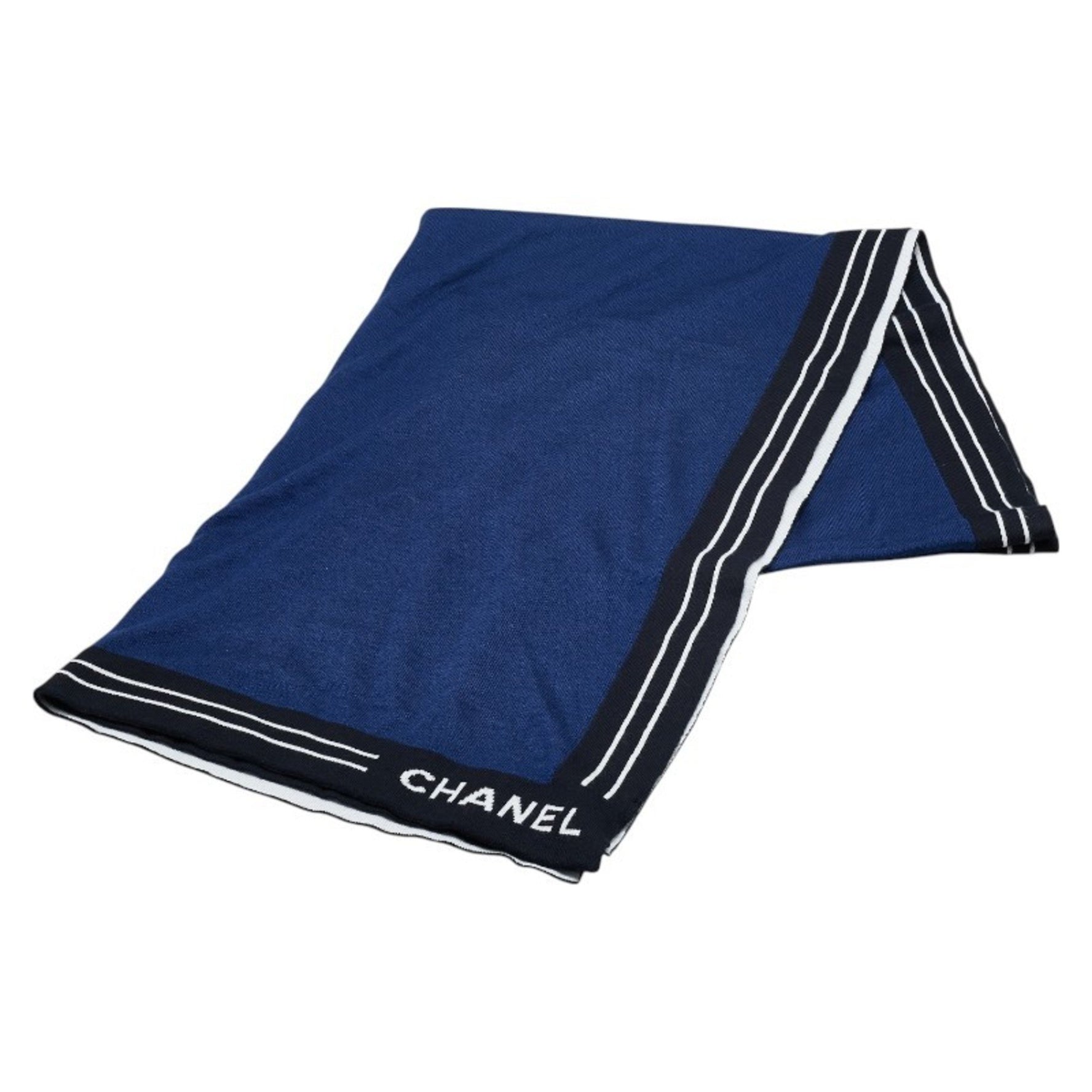 CHANEL logo print knit stole in navy, black, white, cashmere, and cotton .