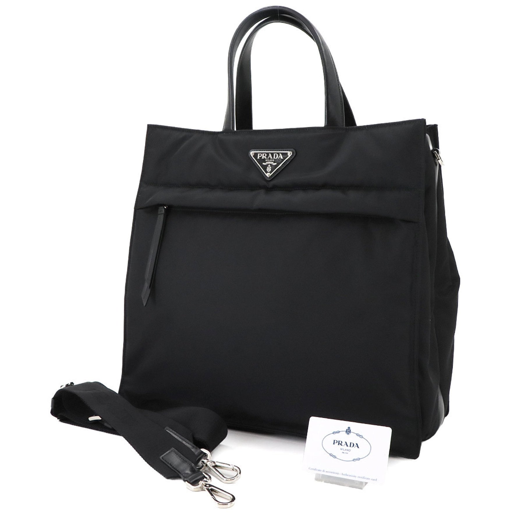 Prada 2-way tote shoulder bag in nylon and leather, black with silver hardware, 2VG076
