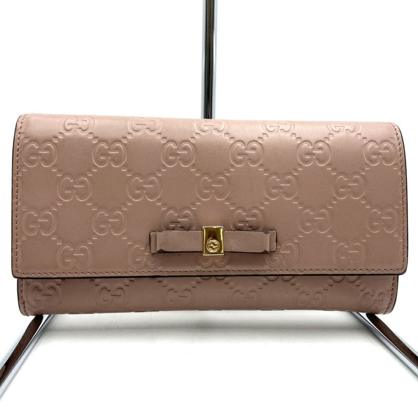 GUCCI 2067 Shima Ribbon Long Wallet Pink Beige Leather Women's