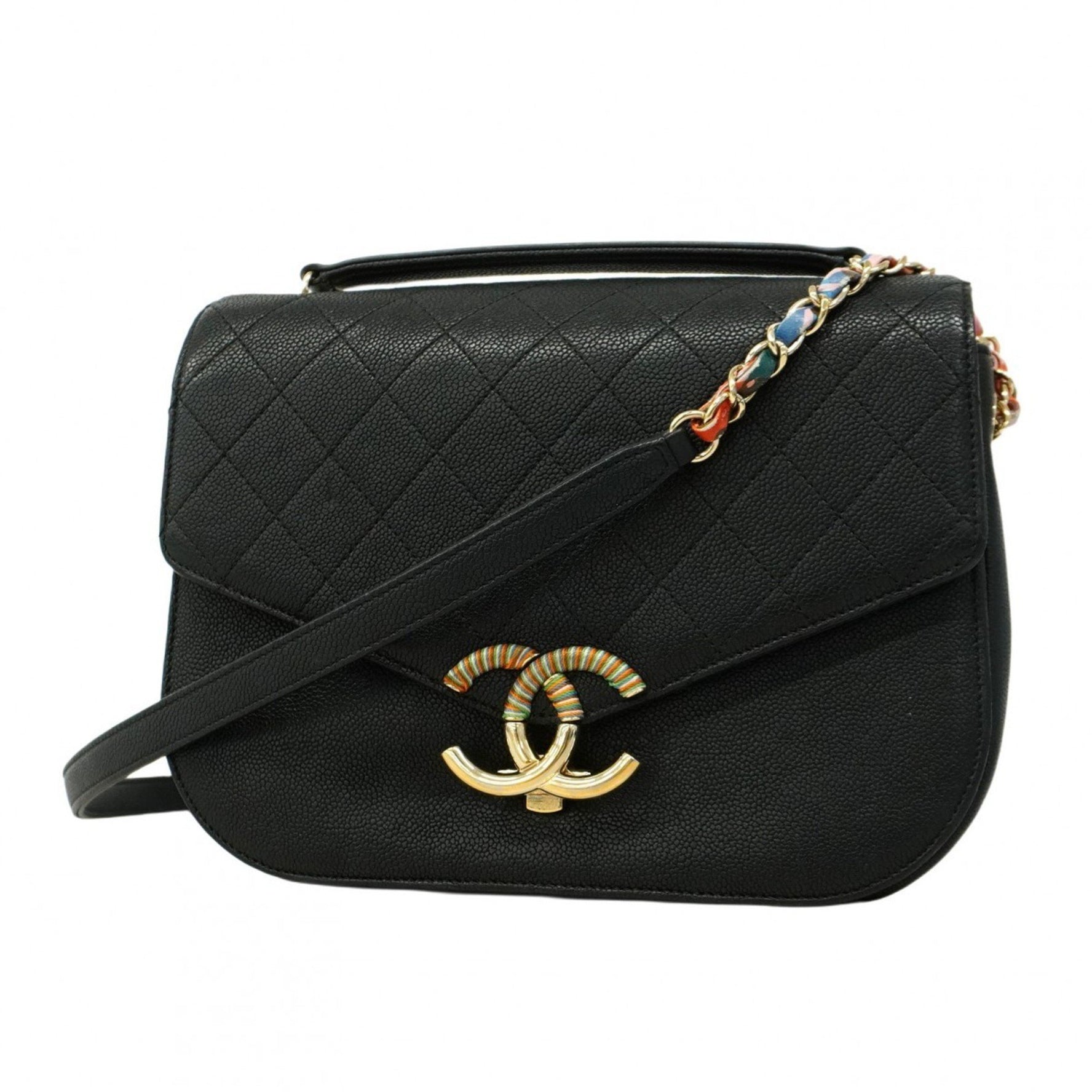 Chanel Matelasse Shoulder Bag with Chain, Caviar Skin, Black Champagne, Women's