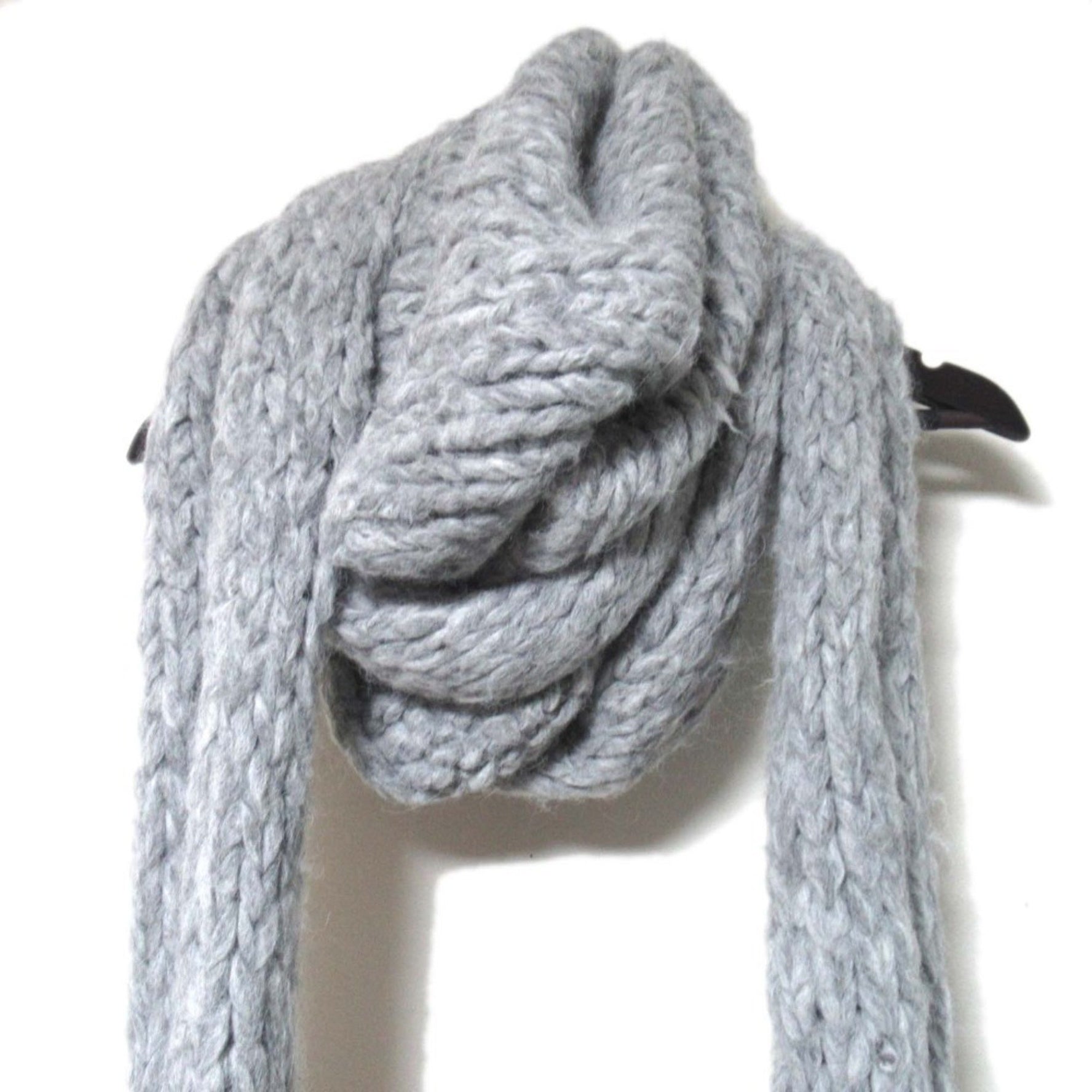 HERMES Alpaca fox wool knit turtleneck fringe long scarf TU gray ladies