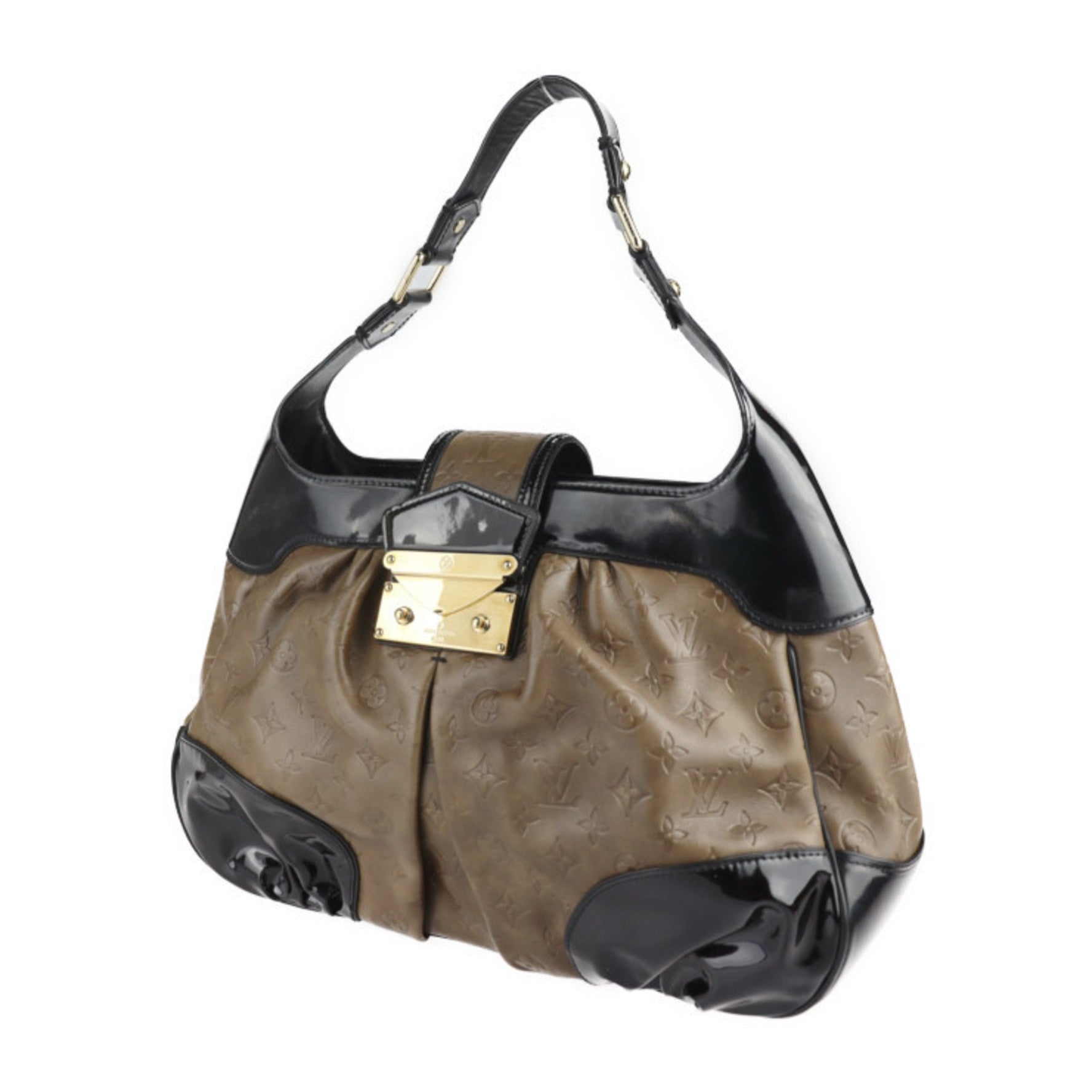 Louis Vuitton Bolly Shoulder Bag Monogram Emboss Embossed Leather Enamel Olive Brown Black Semi-shoulder One-shoulder Handbag Tote