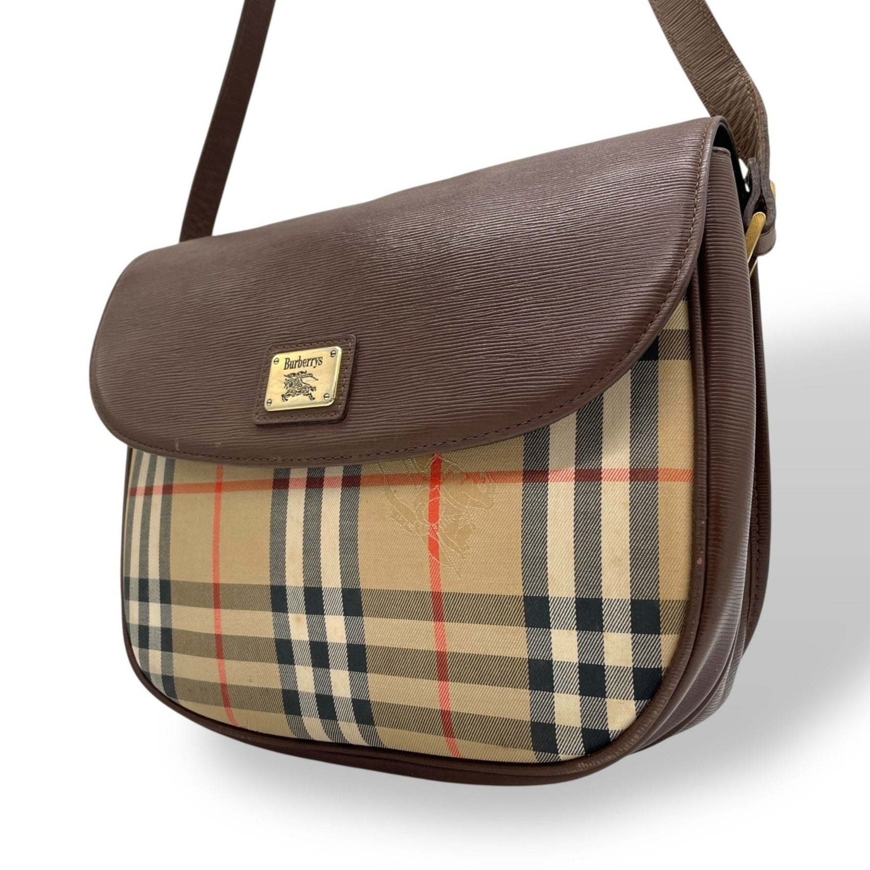BURBERRY Nova Check Shadow Horse Shoulder Bag with Logo, Brown and Beige Canvas Leather, Crossbody Bag, Vintage, Women's, 13K Gold