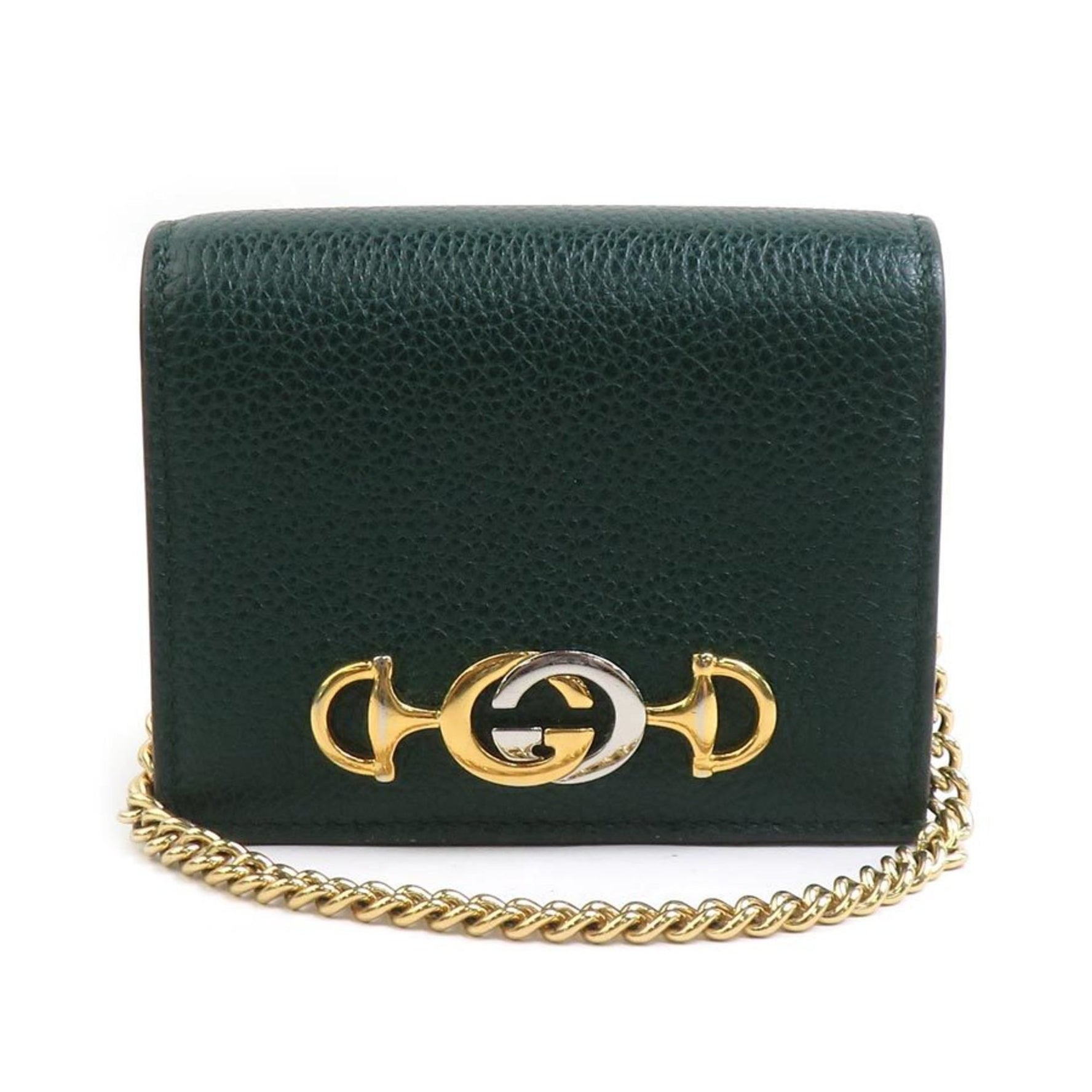 Gucci Zumi Leather Bifold Chain Wallet in Dark Green, Gold, and Silver (Product Code: