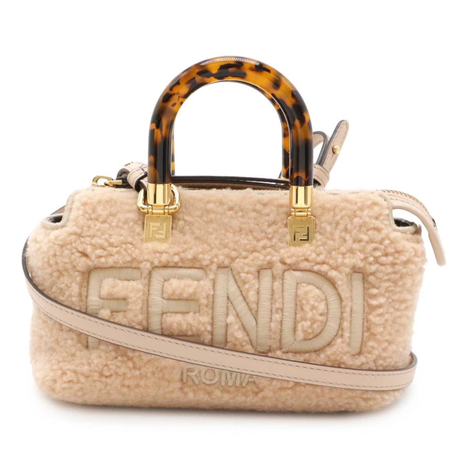 FENDI By the Way Mini Handbag Shoulder Bag Sheep Fur Leather Pink Beige