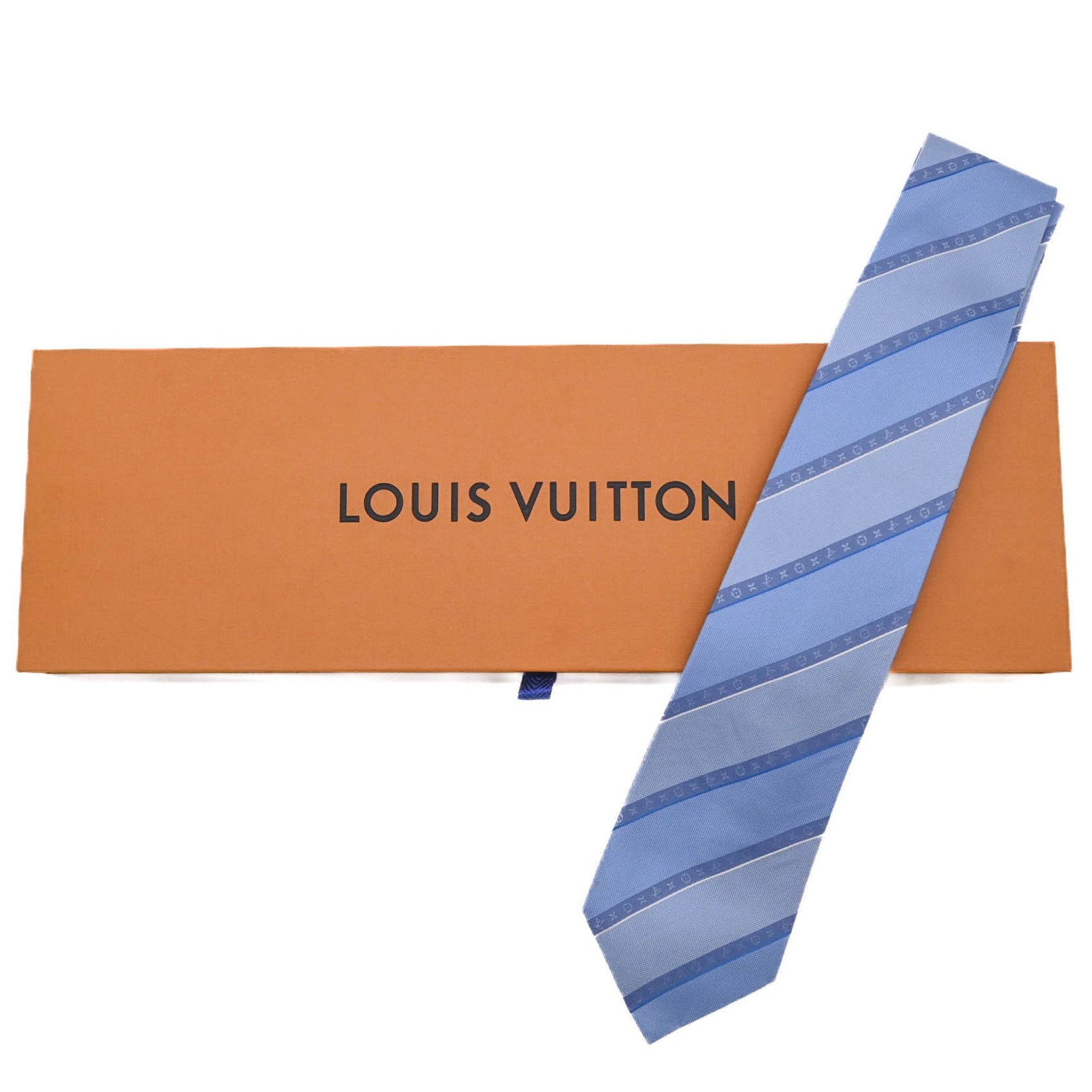 Louis Vuitton Gravatt Monogram Striped Tie, Light Blue, 100% Silk