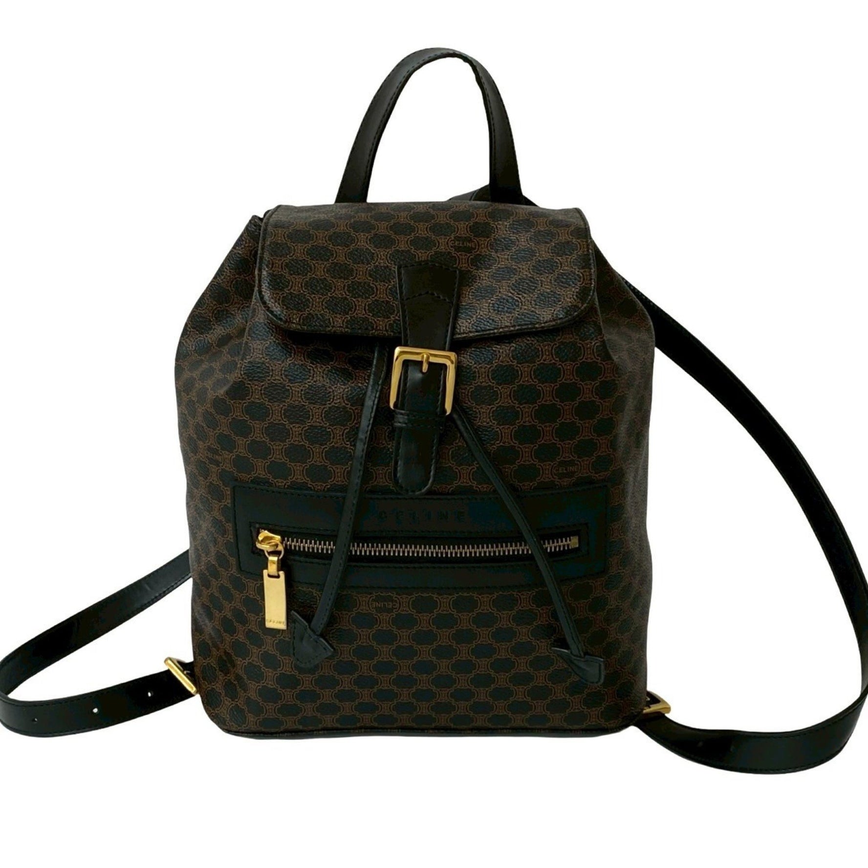 CELINE Macadam Blason Triomphe Print Leather Drawstring Backpack/Daypack, Black
