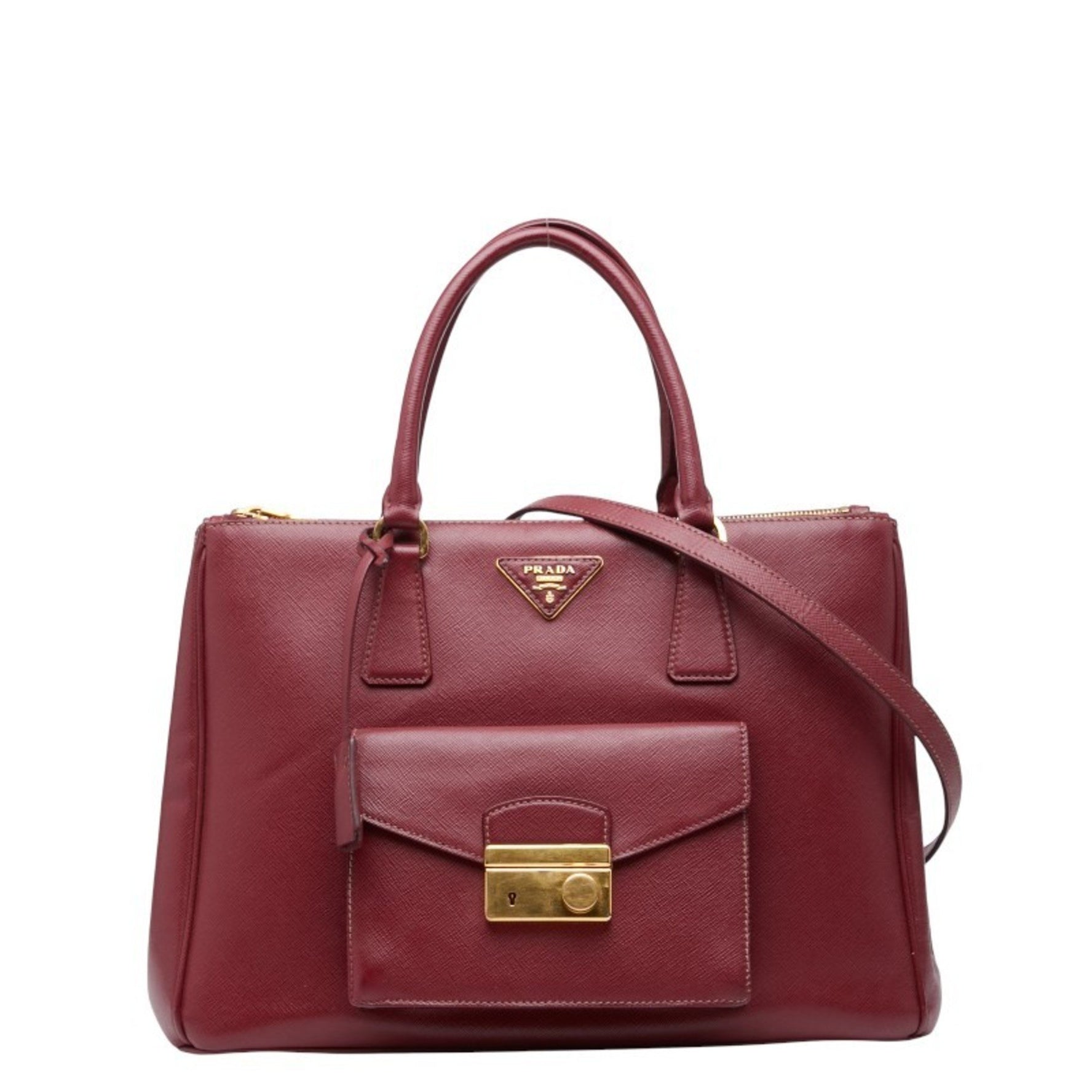 Prada Triangle Logo Plate Handbag/Shoulder Bag, Wine Red/Bordeaux Saffiano Leather