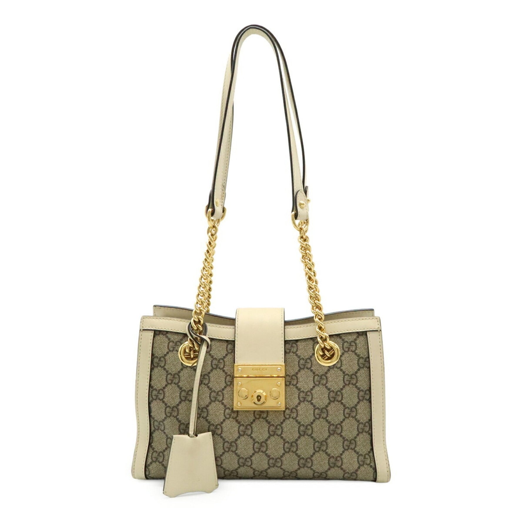 GUCCI GG Supreme Padlock Small Shoulder Bag with Chain, PVC and Leather, Beige Ivory