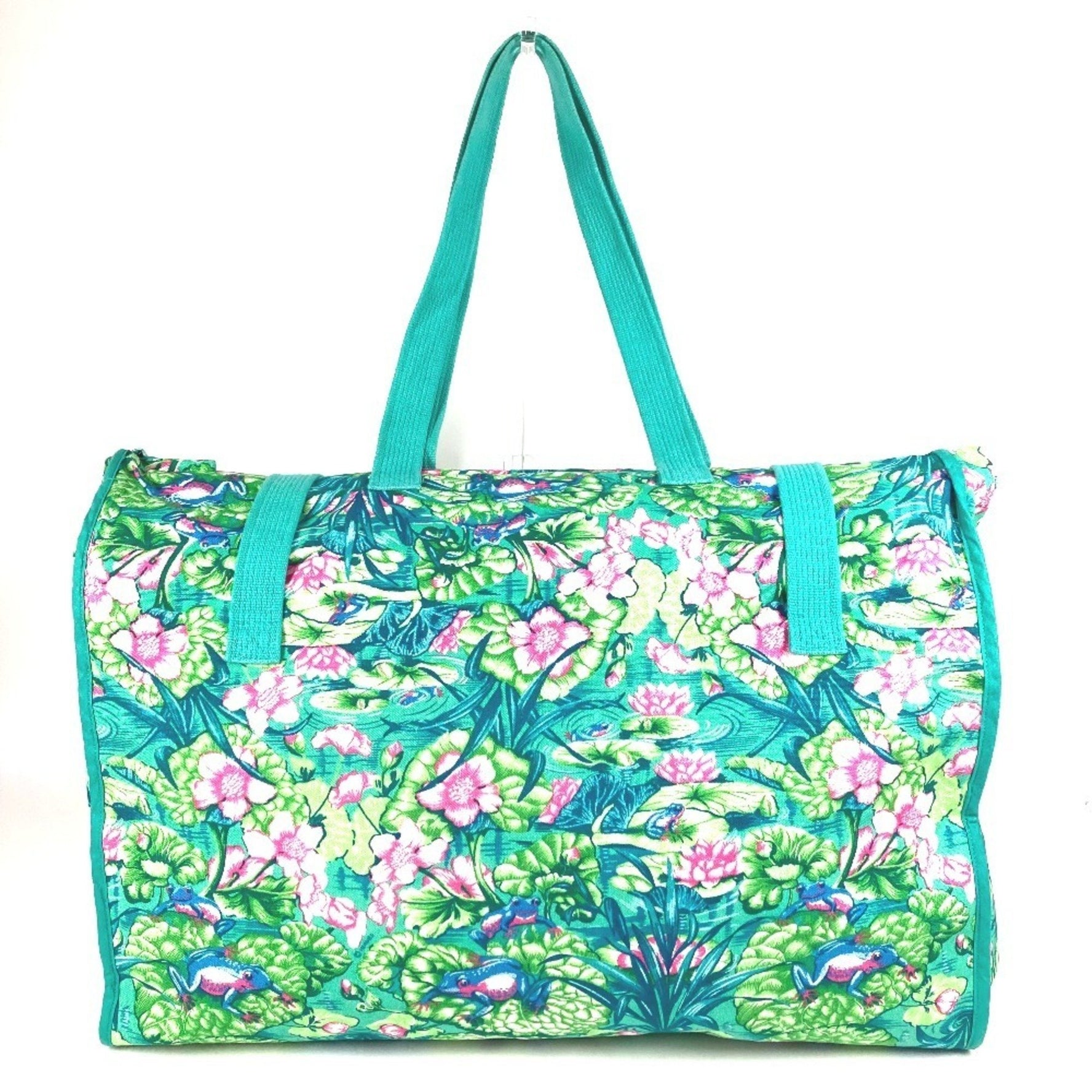 HERMES Vintage FROG Floral Print Tote Bag/Boston Bag/Shoulder Bag, Cotton, Green