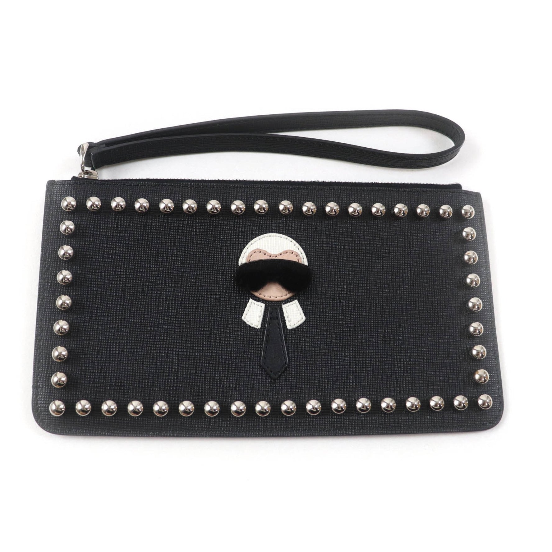 FENDI Karlito Karl Lagerfeld motif studded leather pouch in made Italy, [pre-owned]