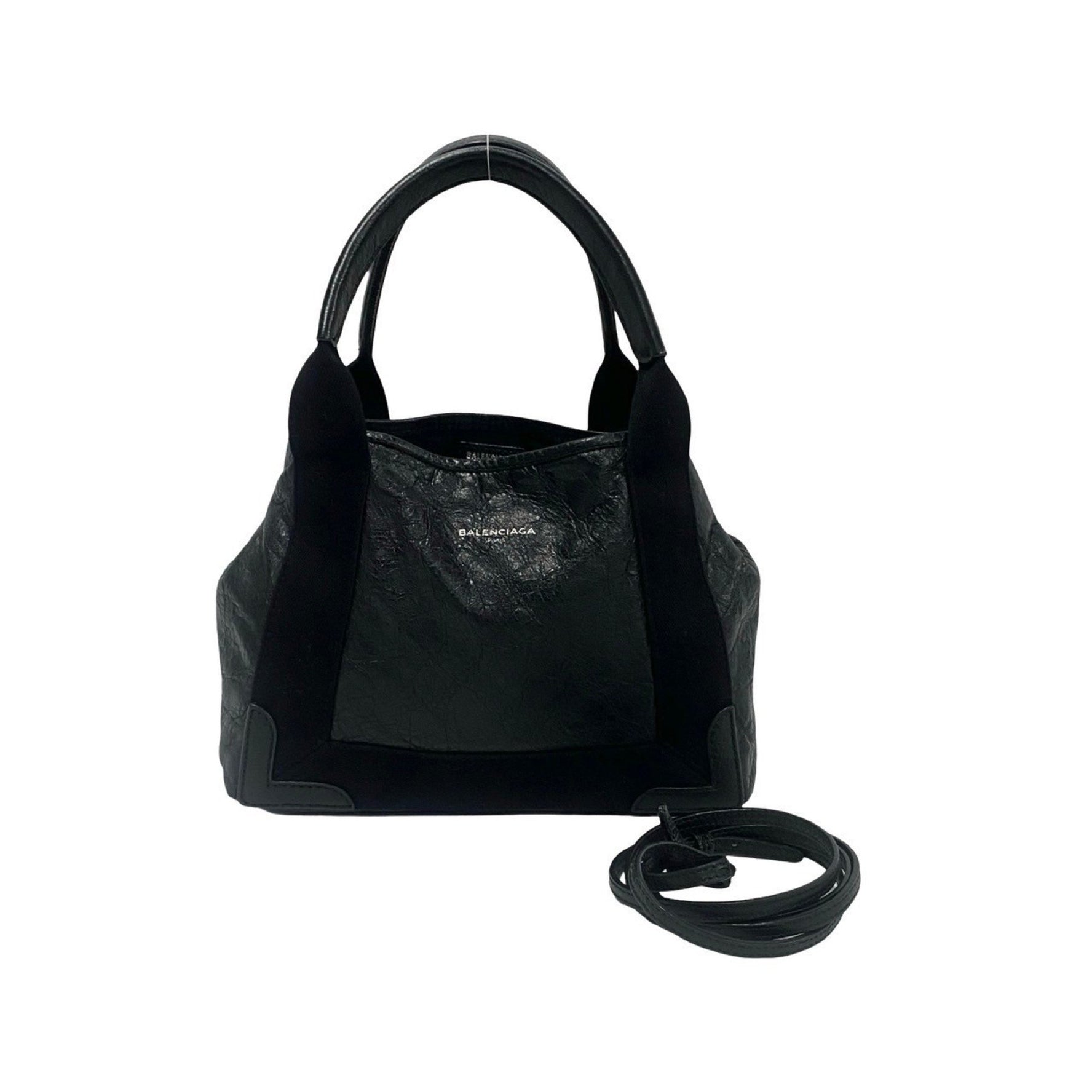 BALENCIAGA Navy Cabas Leather 2-Way Mini Handbag/Shoulder Bag, Black,