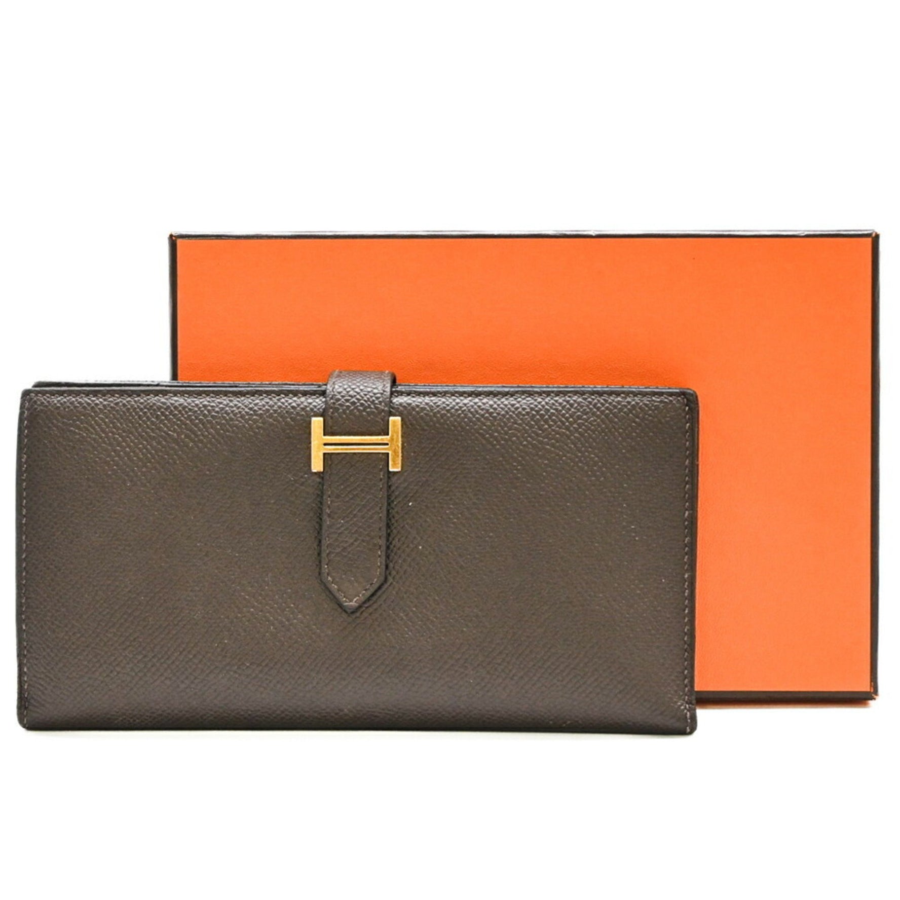 HERMES Bearn Soufflet Long Wallet Epsom Leather Chocolate Dark Brown #D