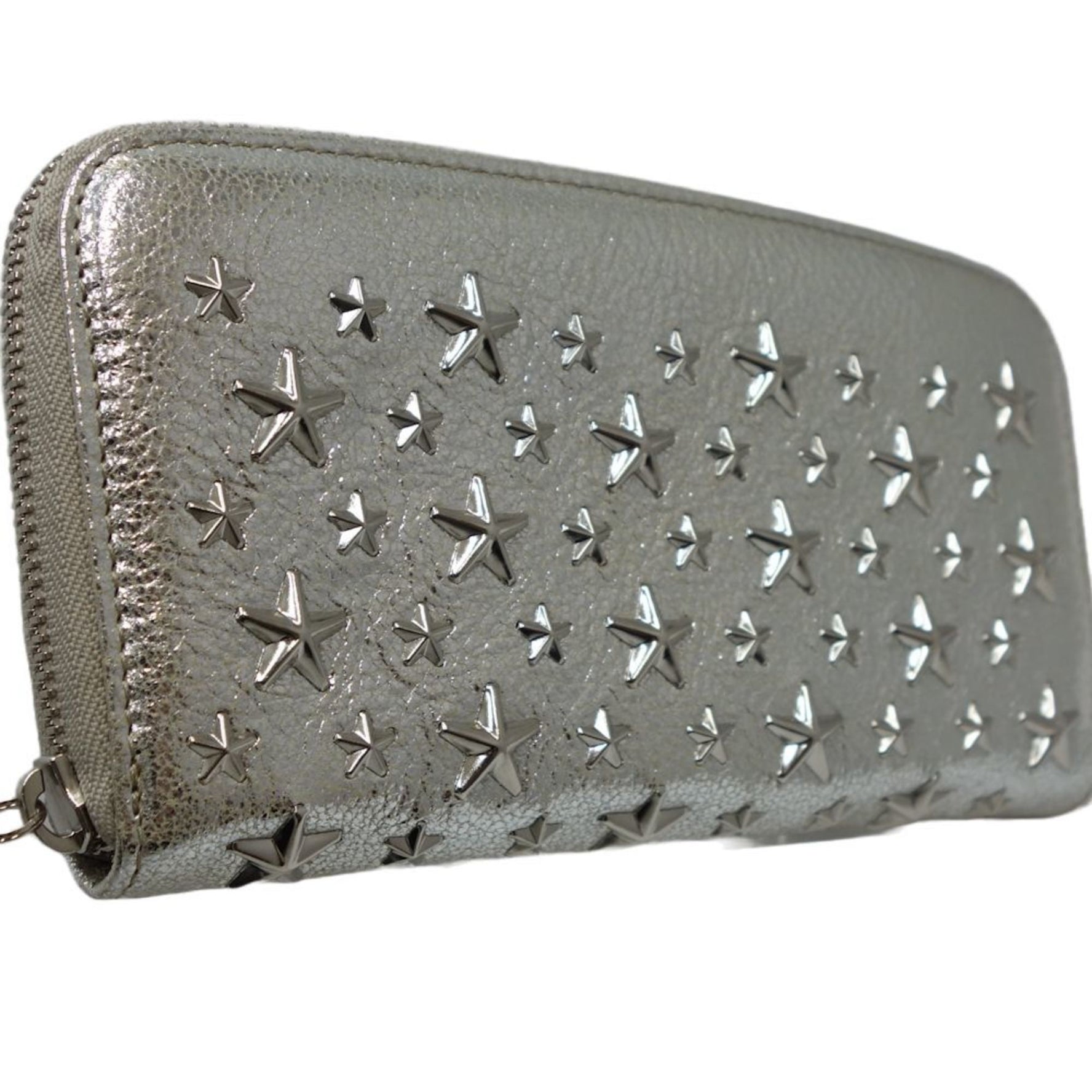 Jimmy Choo Round Zipper FILIPA Star Studs Long Wallet Leather Metallic Silver