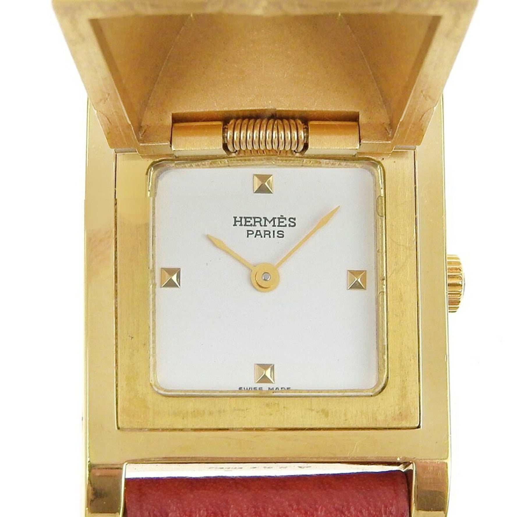 Hermes HERMES Medor Watch ME1.201 Gold Plated Leather 1996 Wine Red ○Z Quartz Analog Display White Dial Ladies