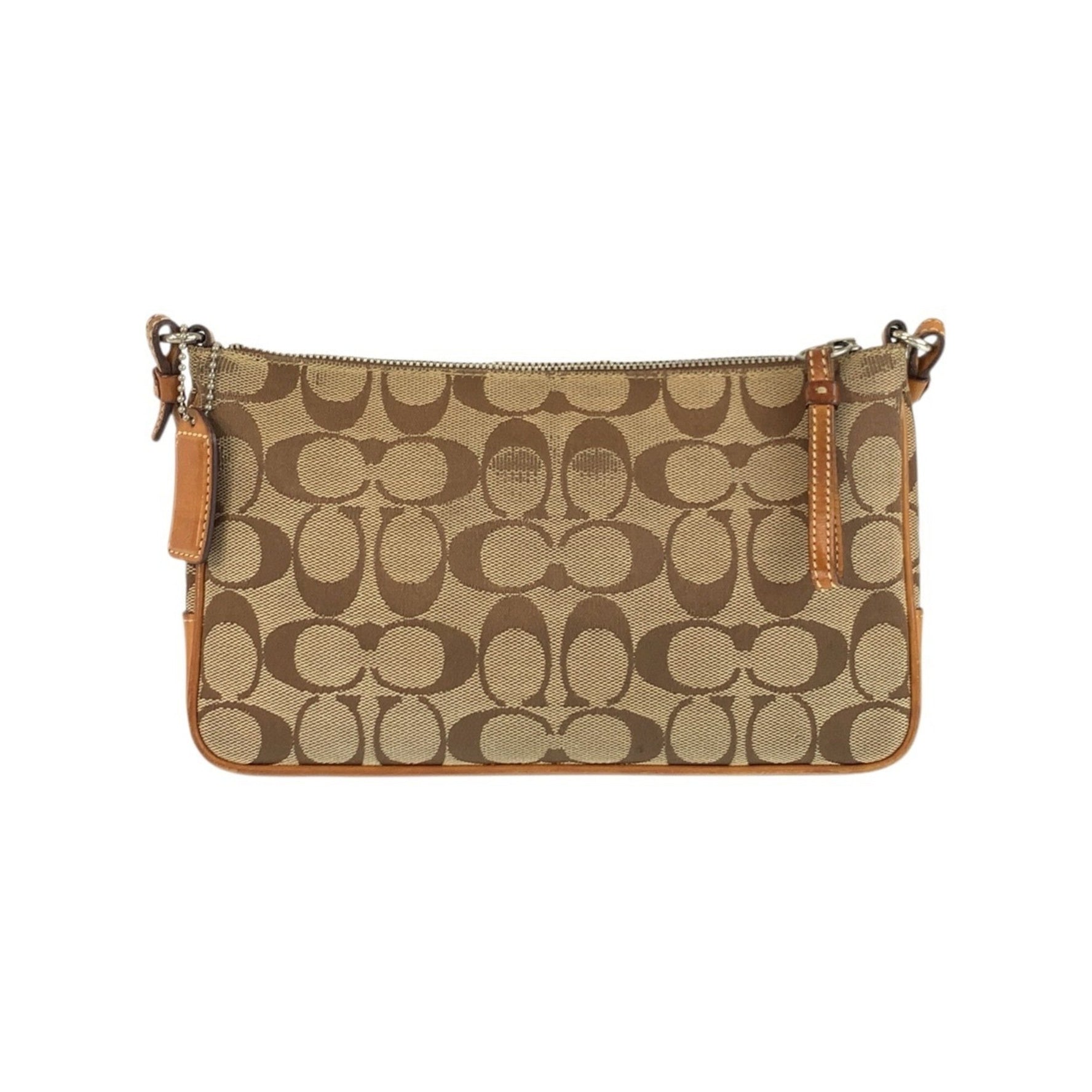 COACH Signature Slim Demi Zip Beige Camel Silver Hardware Canvas Leather 6338 Shoulder Bag Pochette