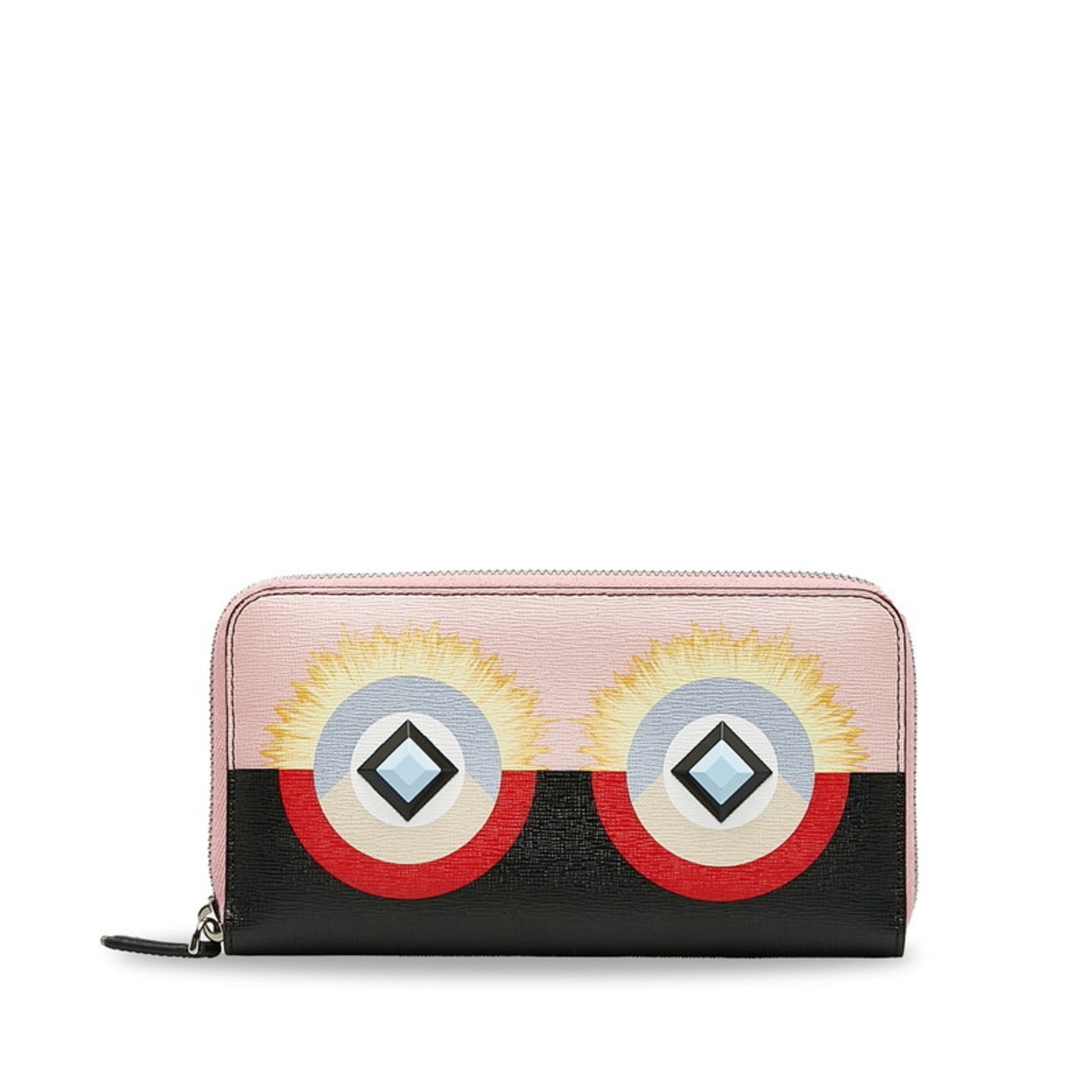 FENDI Monster Continental Wallet Round Long Pink Black Leather