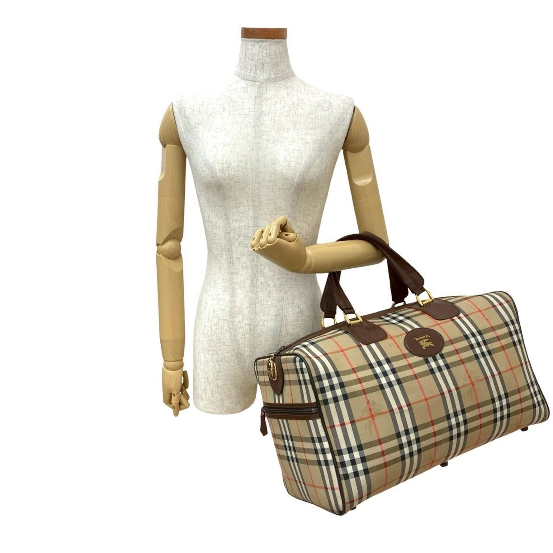 Burberry Nova Check Shadow Horse Logo Canvas and Leather Boston Bag, Brown/Beige
