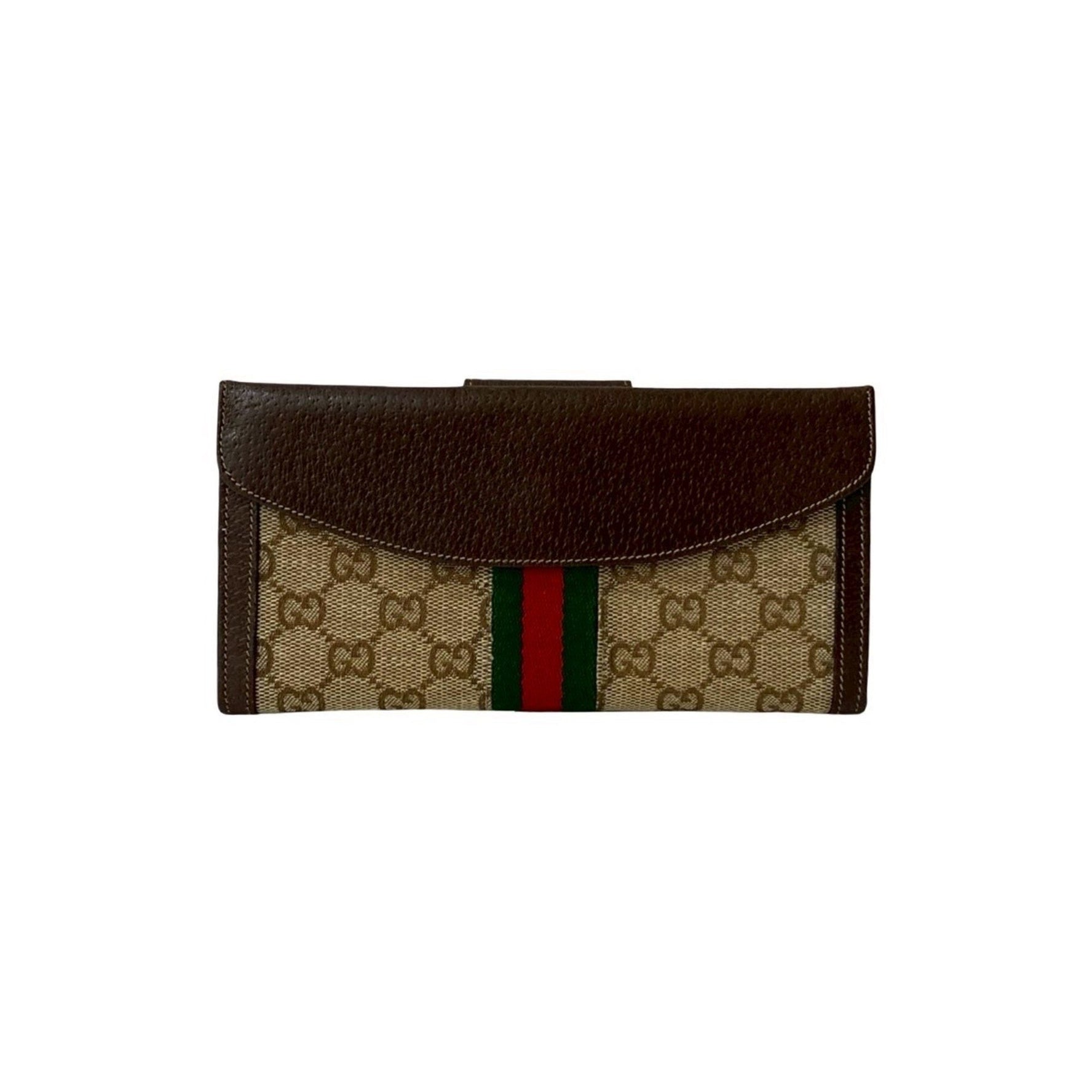 GUCCI Old Gucci Sherry Line GG Logo Metal Hardware Leather Canvas Long Wallet Brown 186-4