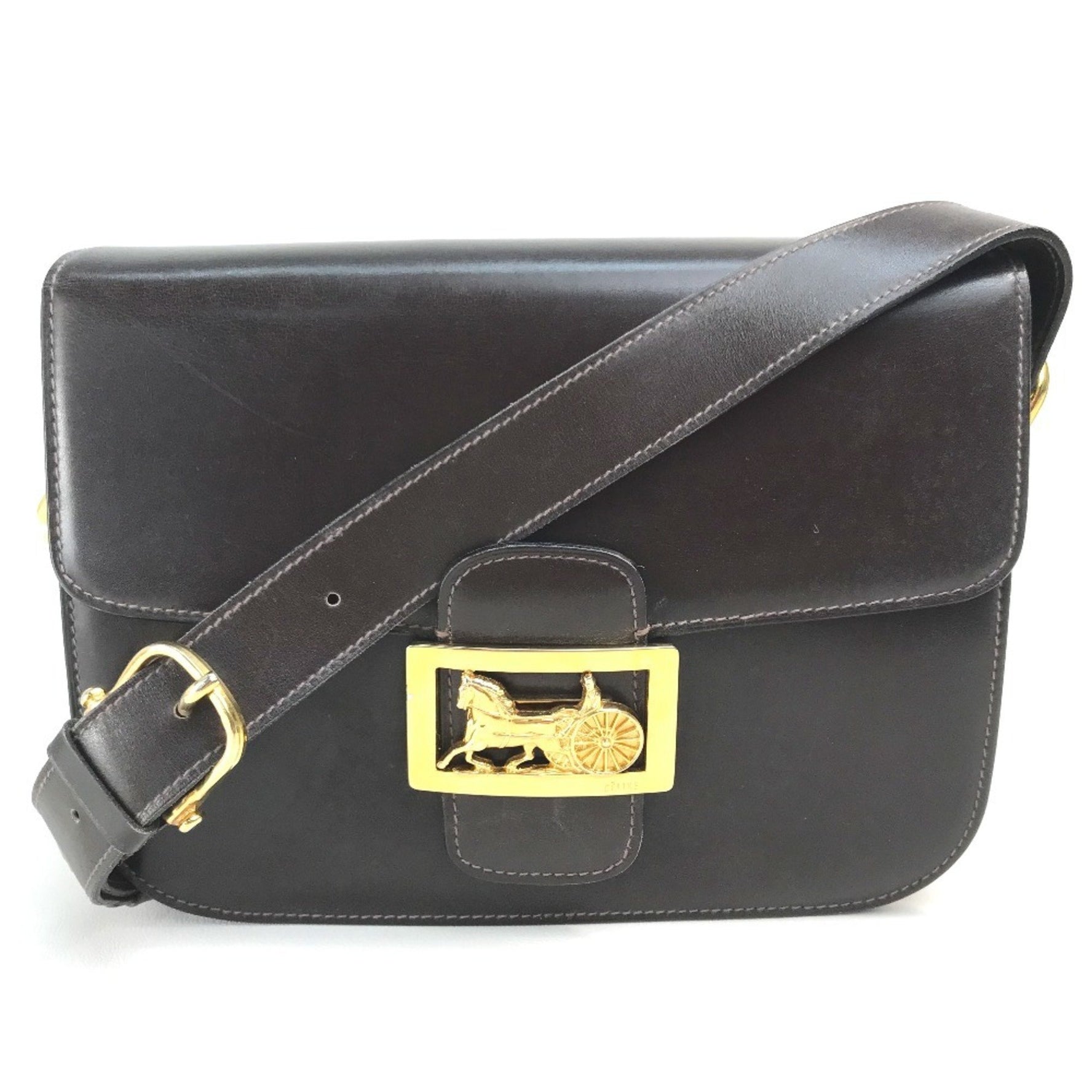 CELINE Vintage Carriage Hardware Shoulder Bag, Leather, Dark Brown with Gold