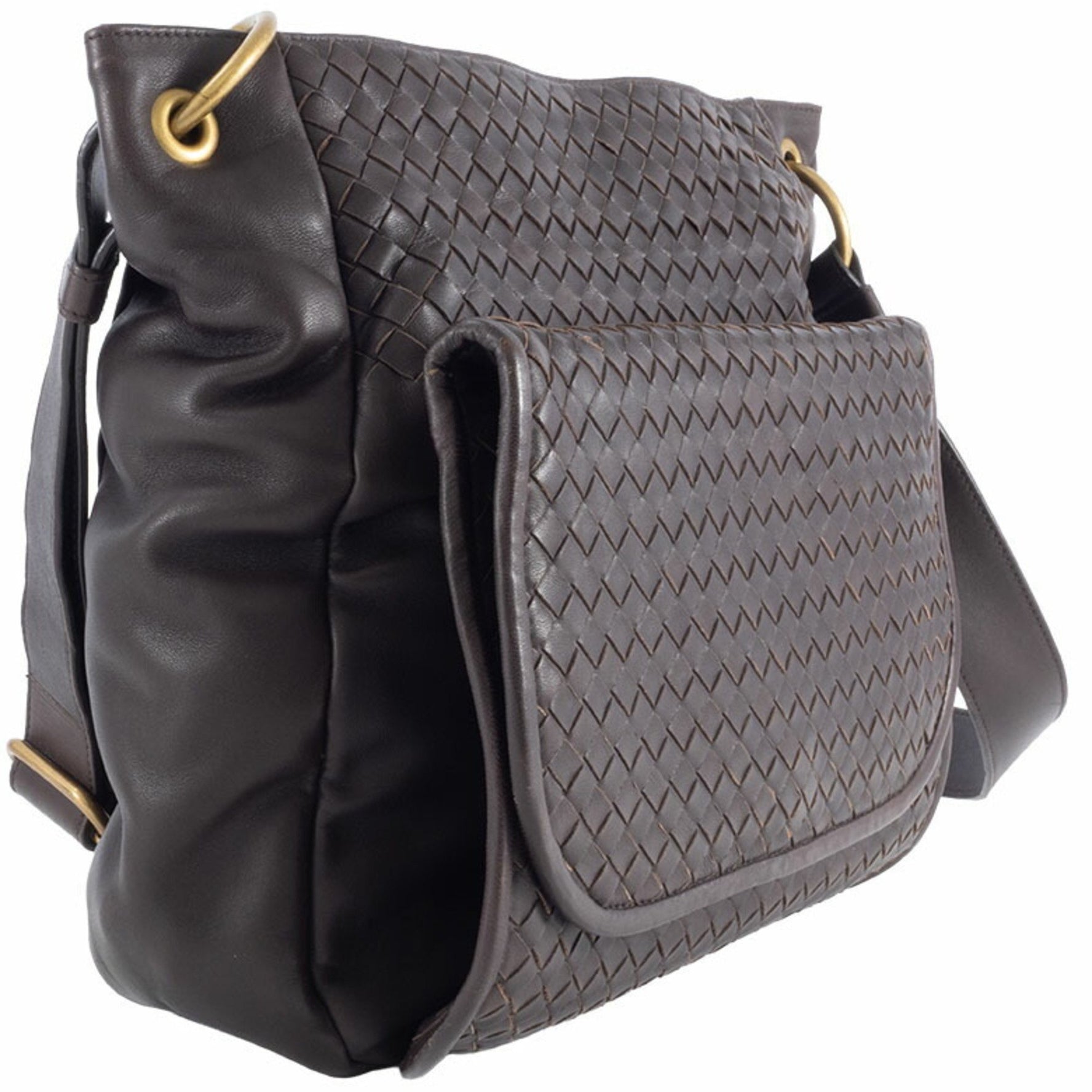 Bottega Veneta Intrecciato Shoulder Bag Dark Brown Leather, Storage Available