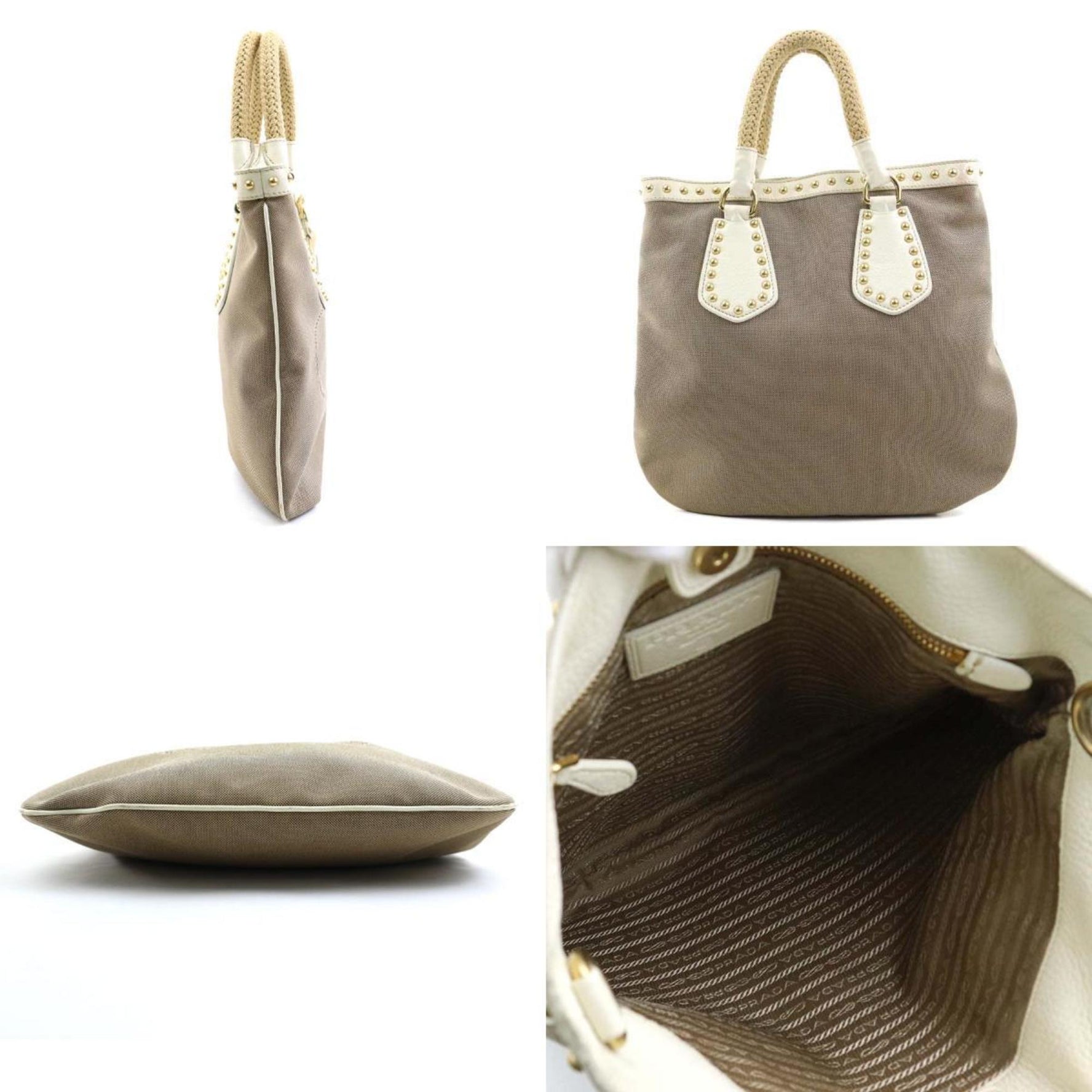 PRADA handbag shoulder bag canvas leather brown off-white gold ladies