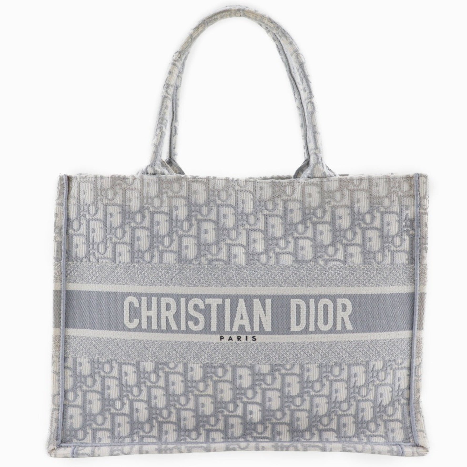 Christian Dior Book Tote Medium Bag, Oblique Embroidery, Cotton, Made in Italy, Light Gray, Size, Open