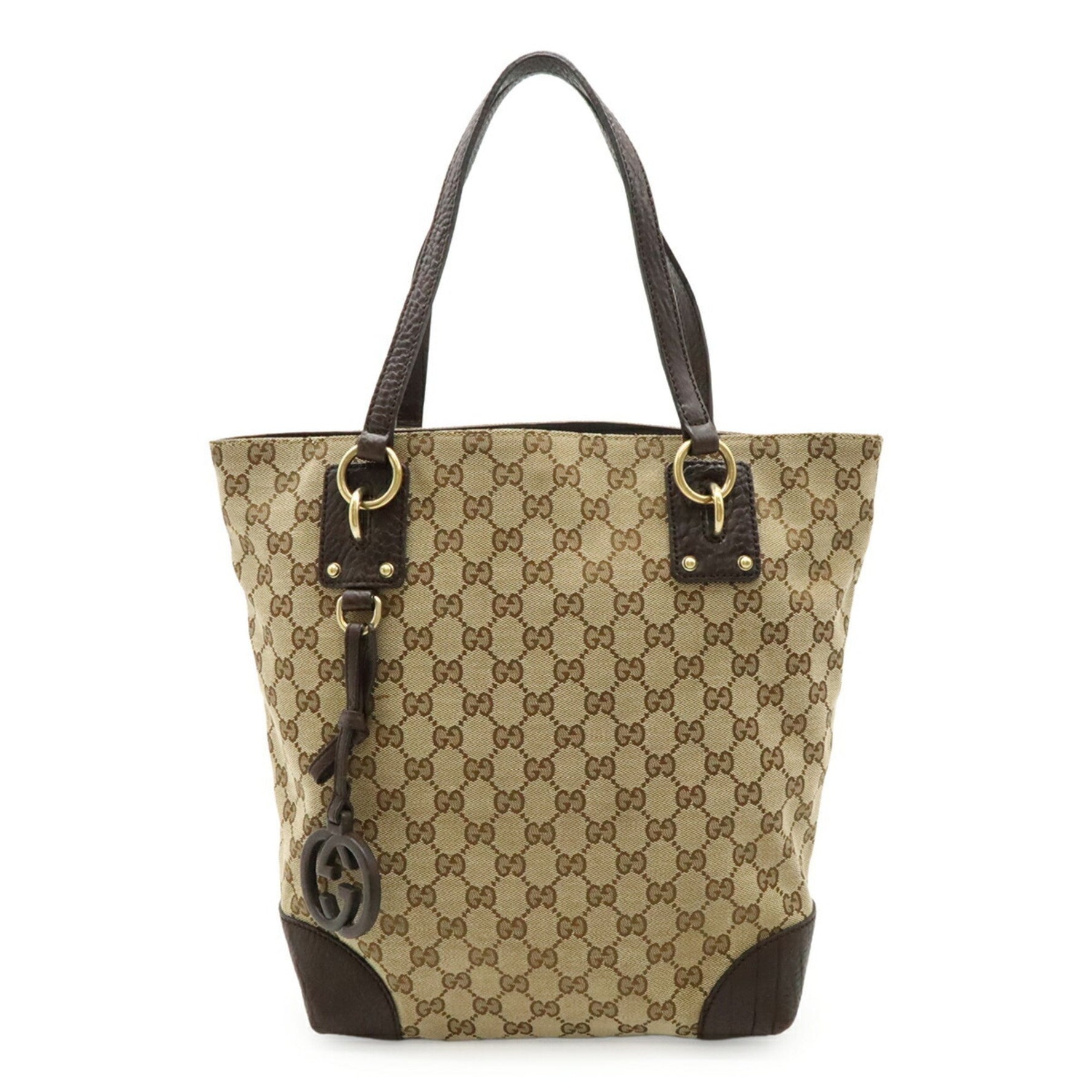GUCCI GG Canvas Tote Bag Shoulder Leather Khaki Beige Dark Brown