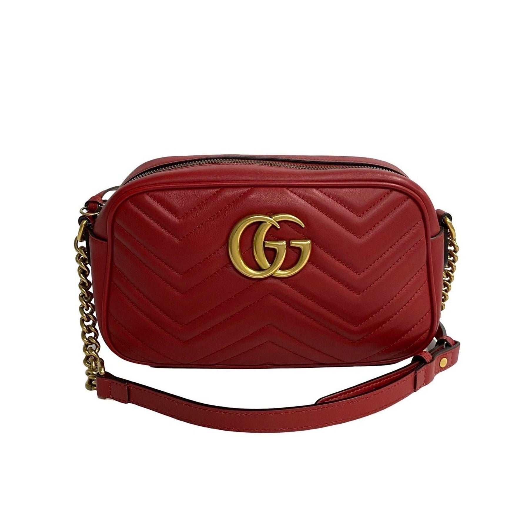 GUCCI GG Marmont logo hardware, genuine leather, chain, mini shoulder bag, pochette, red, 67--1