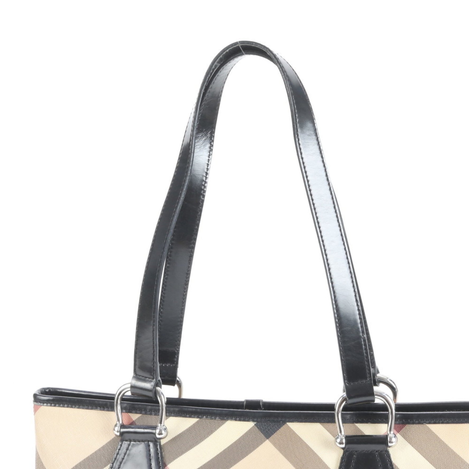 Burberry Nova Check Leather Tote Bag, Shoulder Handbag, Beige, Silver Hardware