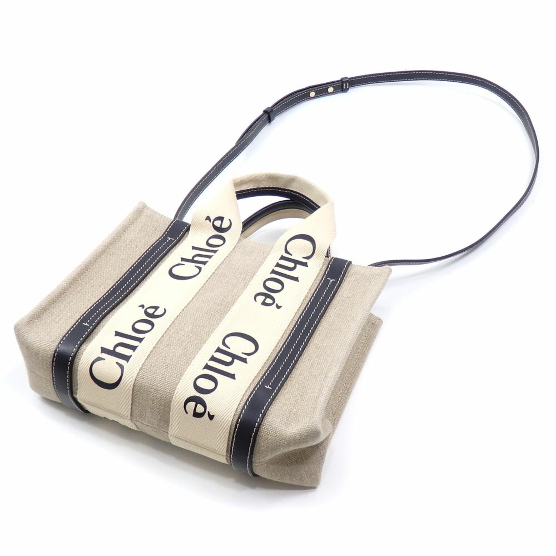 Chloé Woody Small Linen Tote Bag, White/Blue, Canvas with Shiny Calfskin, Hand/Shoulder