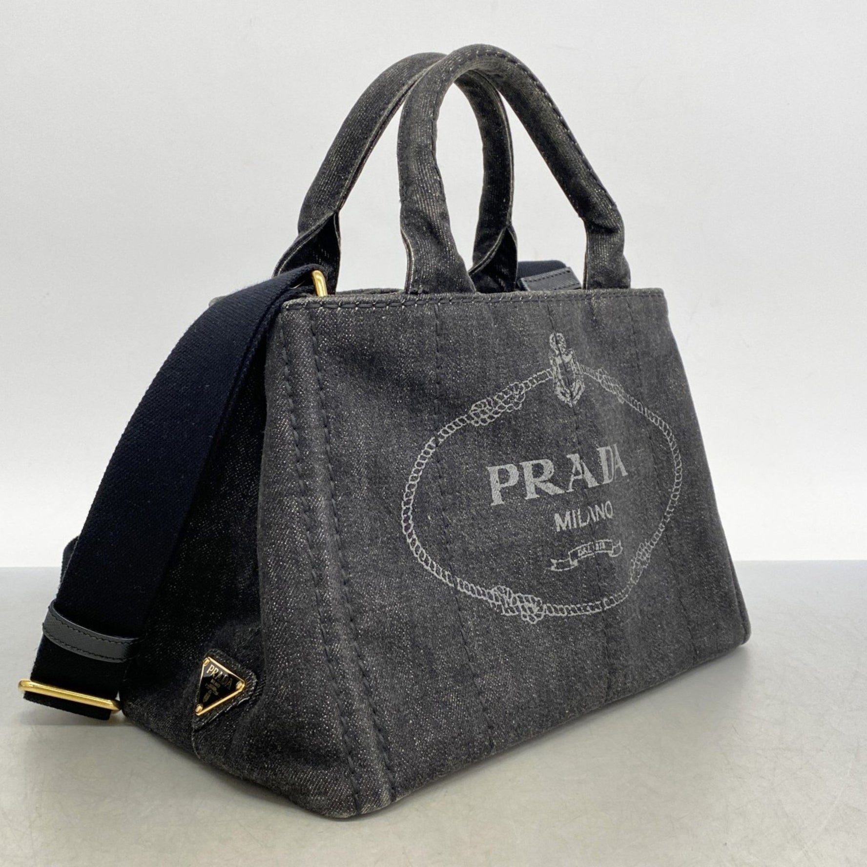 Prada Canapa Denim Tote Bag, Black, Women's