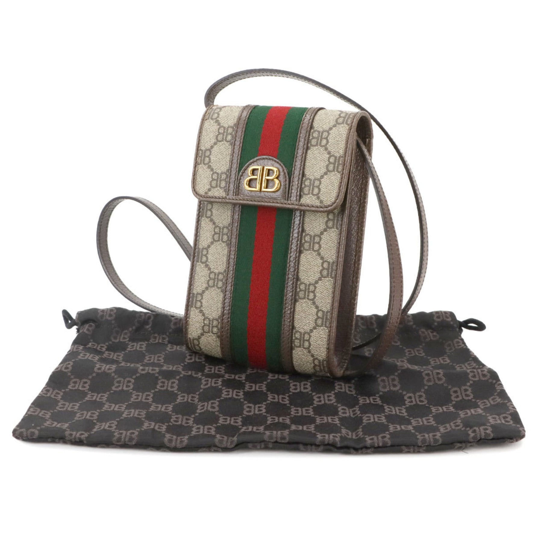 Gucci x Balenciaga GG Marmont The Hacker Project Phone Pouch Shoulder Bag in Beige and Brown PVC Leather with Gold Hardware
