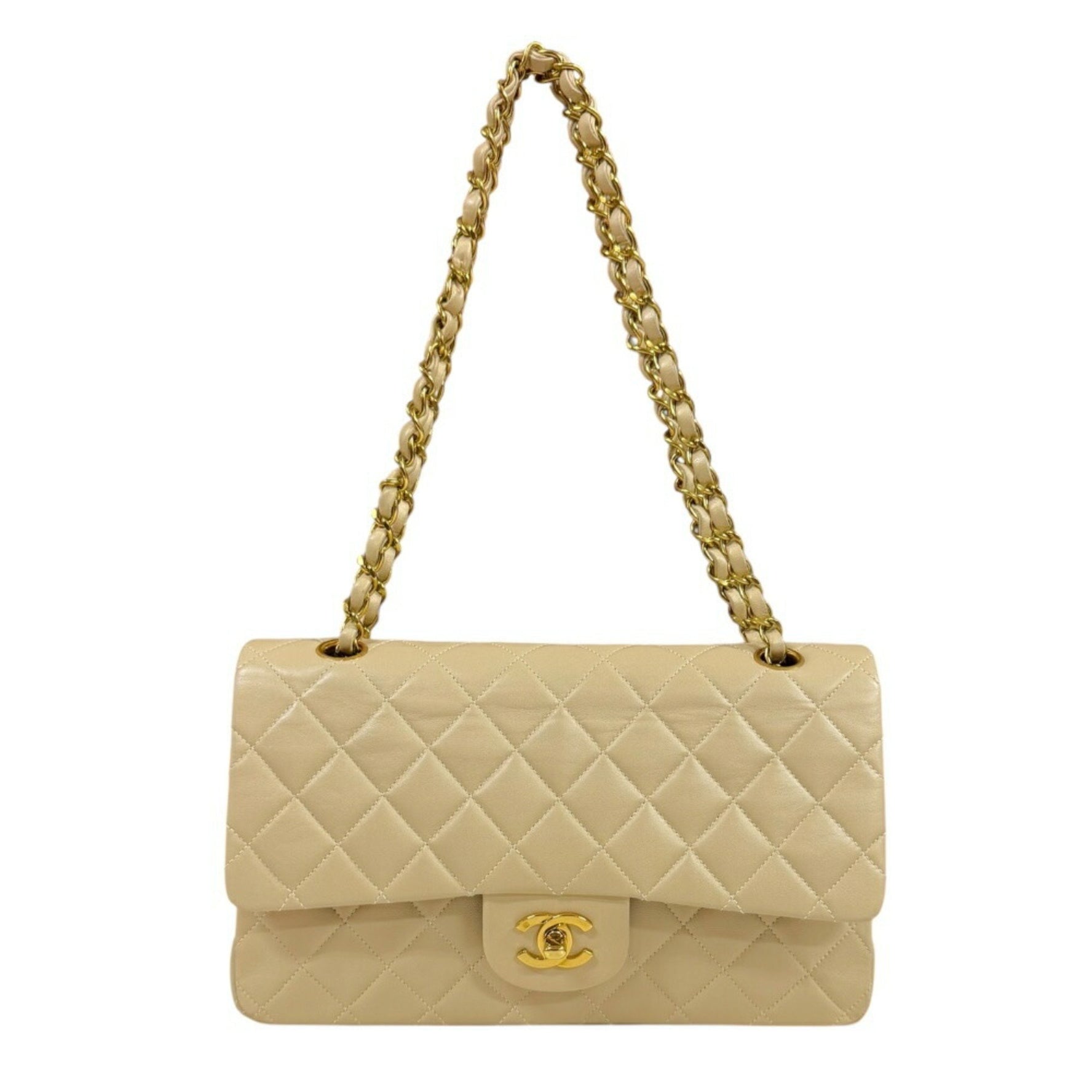 Chanel Matelasse Shoulder Bag, Beige, Lambskin, Women's, Double Chain, Flap