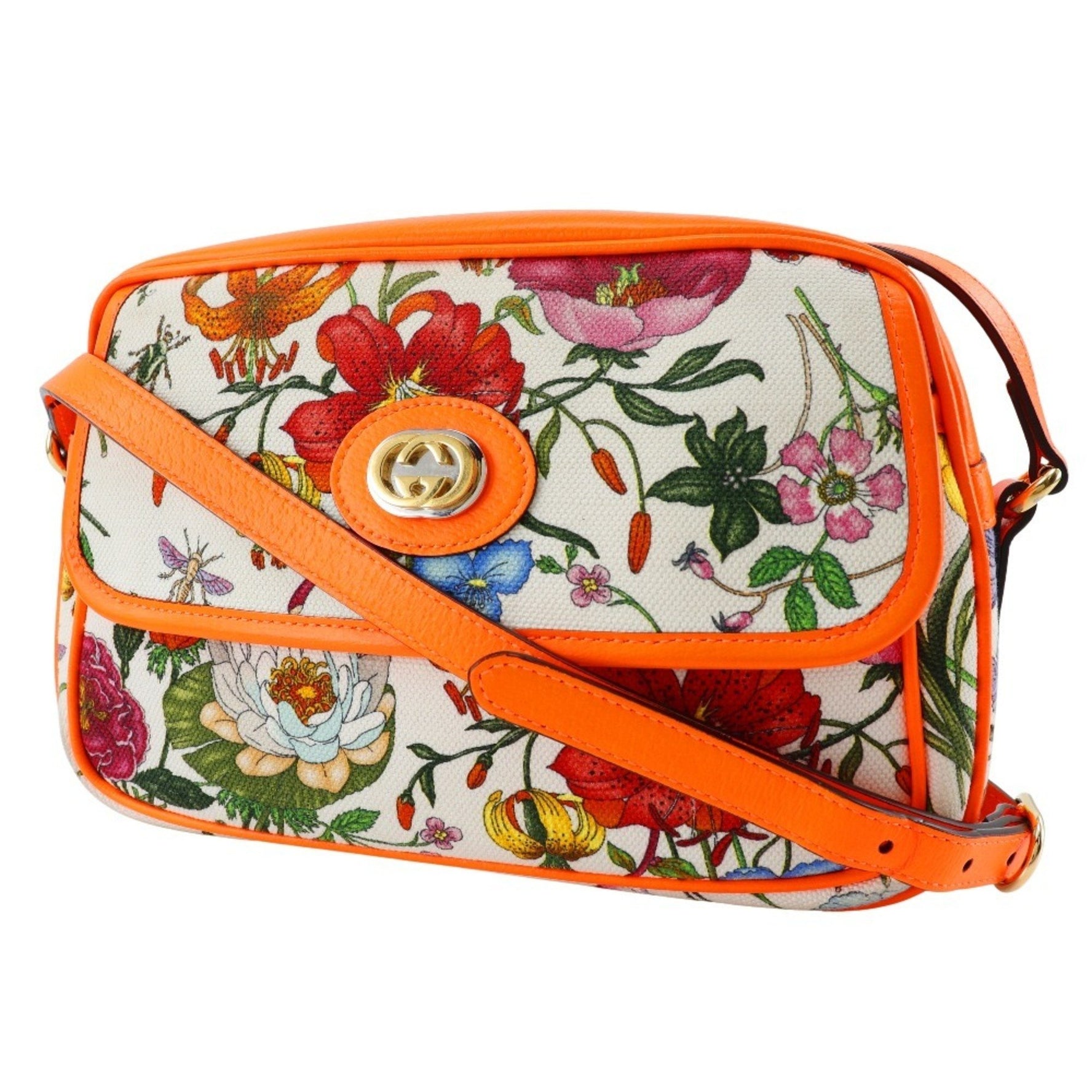 GUCCI GG Flora Shoulder Bag Canvas x Leather Orange Flower Women's