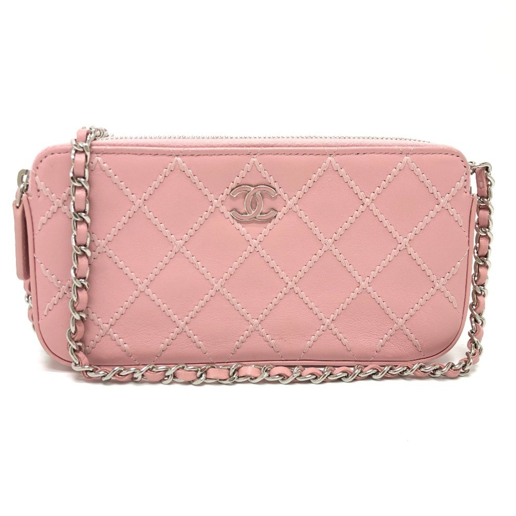 CHANEL CC Coco Mark Matelasse Wild Stitch Chain Wallet Long Shoulder Bag Lambskin Pink