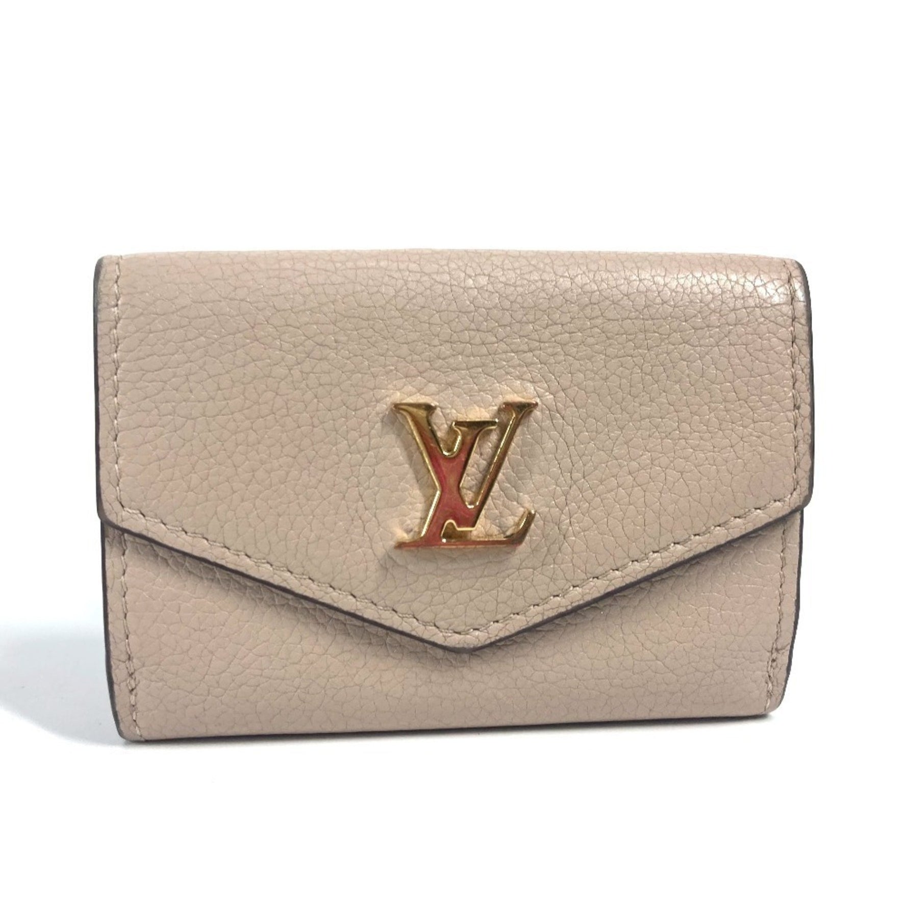 Louis Vuitton LV Logo Portefeuille Lock Mini Compact Wallet Tri-fold Calf Leather Men's Greige Beige