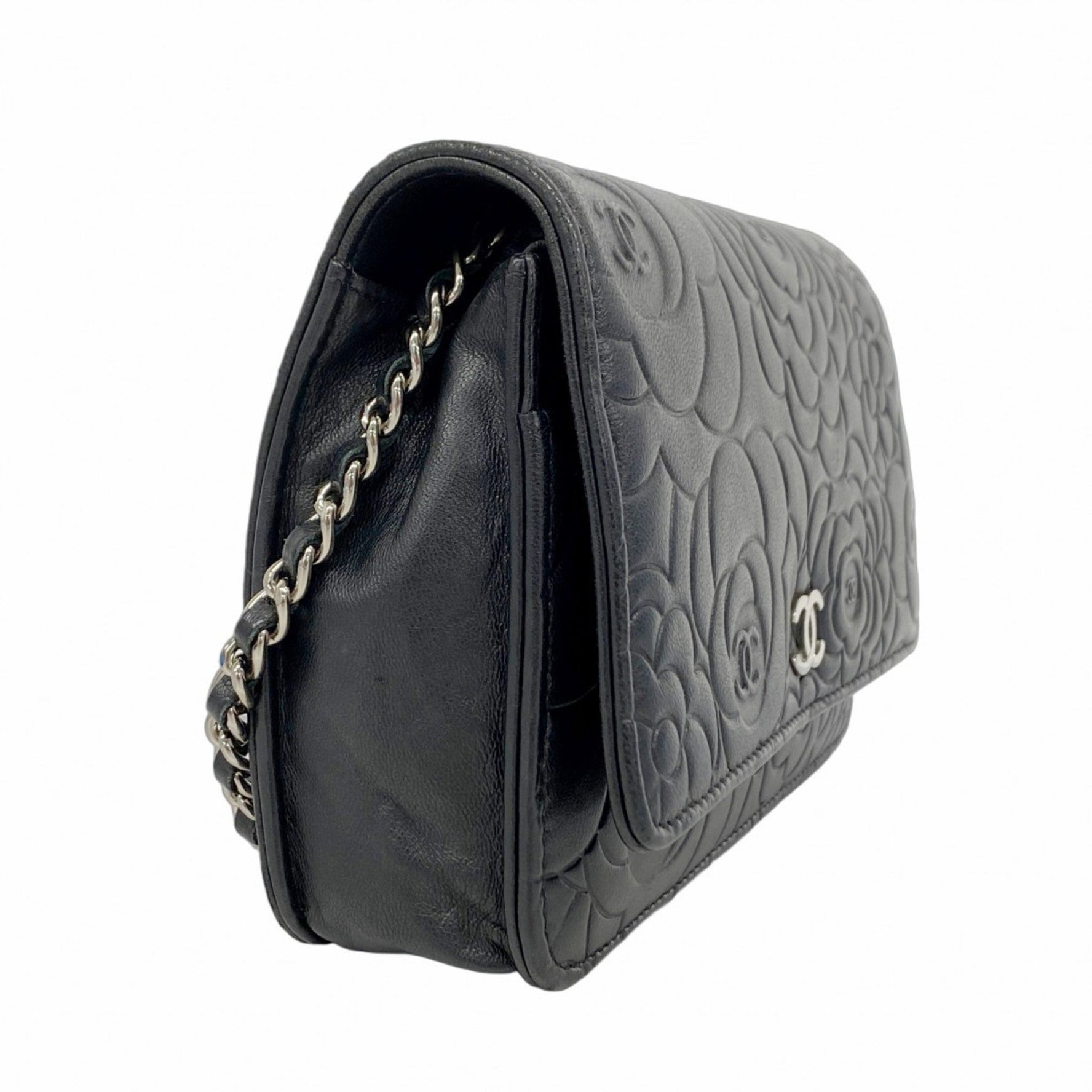 Chanel Camellia Chain Shoulder Wallet, Lambskin, Black, Women's