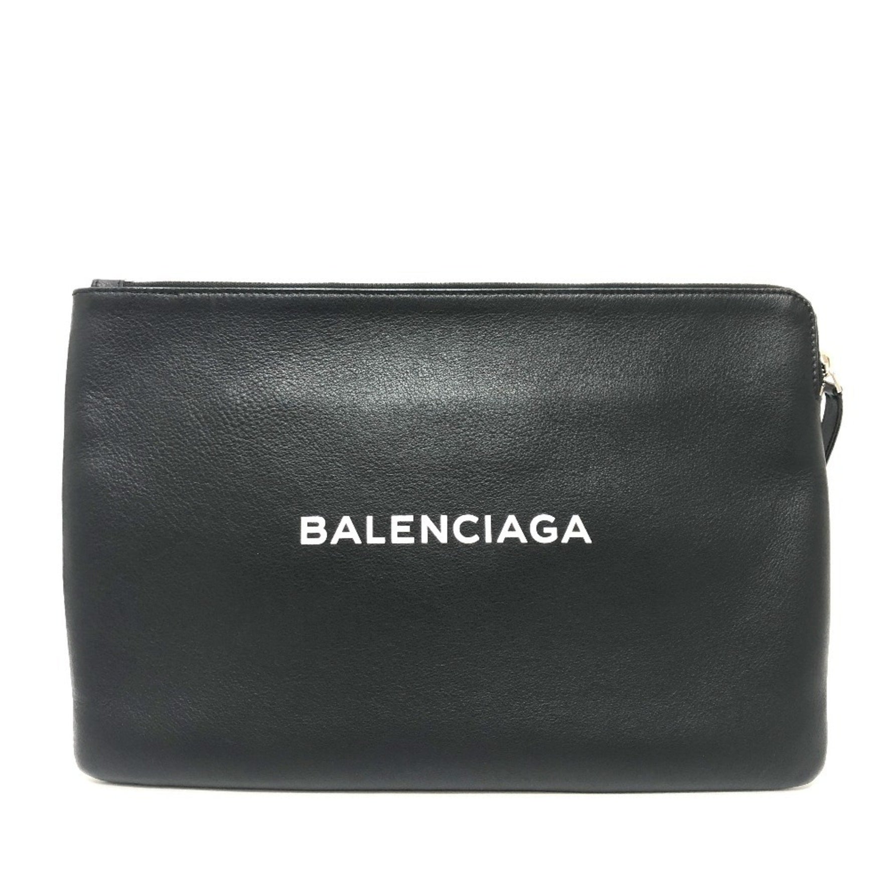 BALENCIAGA Logo Shopping Second Bag Clutch Handbag Leather Men's Black