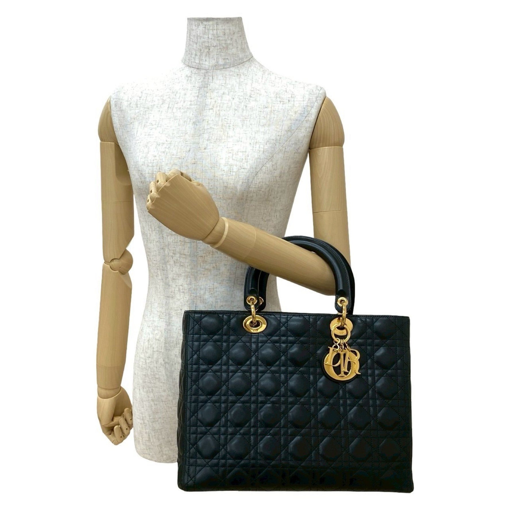 Christian Dior Lady Cannage Stitched Leather Handbag in Black