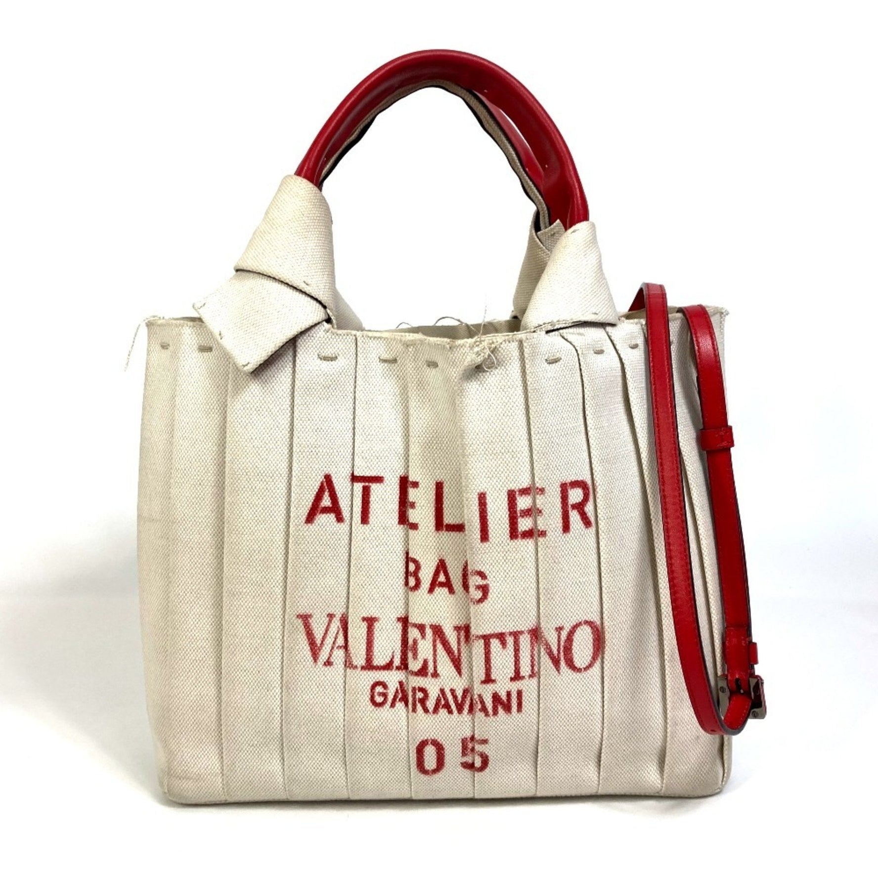 Valentino Garavani Atelier Brisse Edition Shoulder Bag, Tote Handbag, Canvas, Natural Beige/Red
