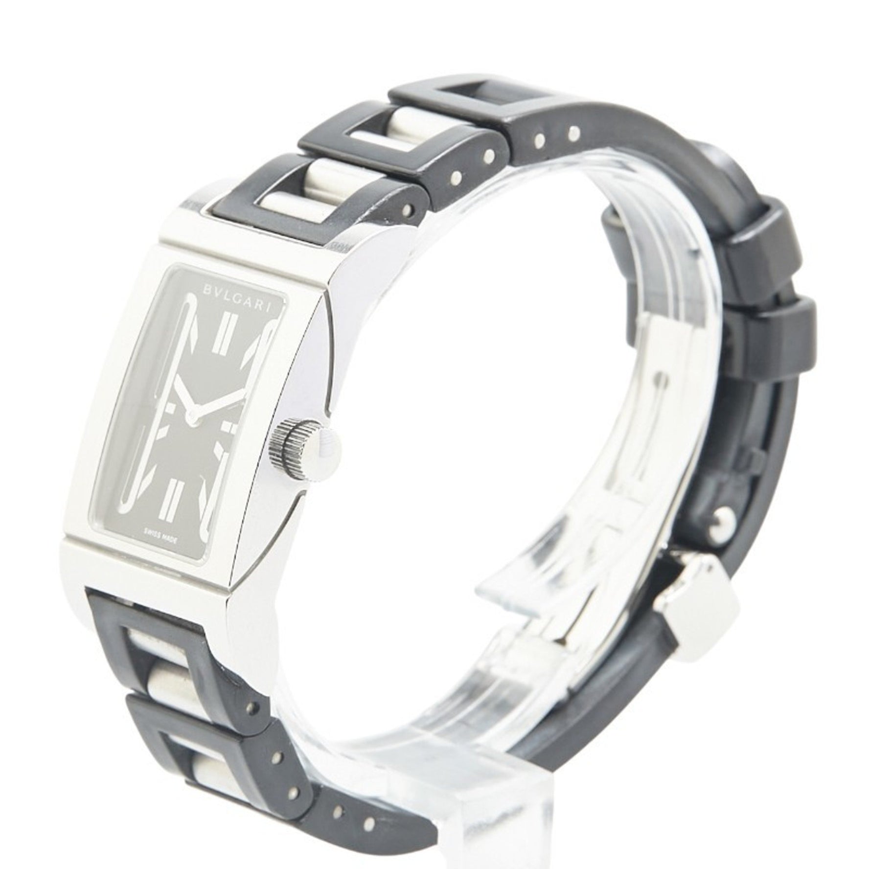 Bvlgari Rettangolo Watch Quartz Black Dial Stainless Steel Rubber